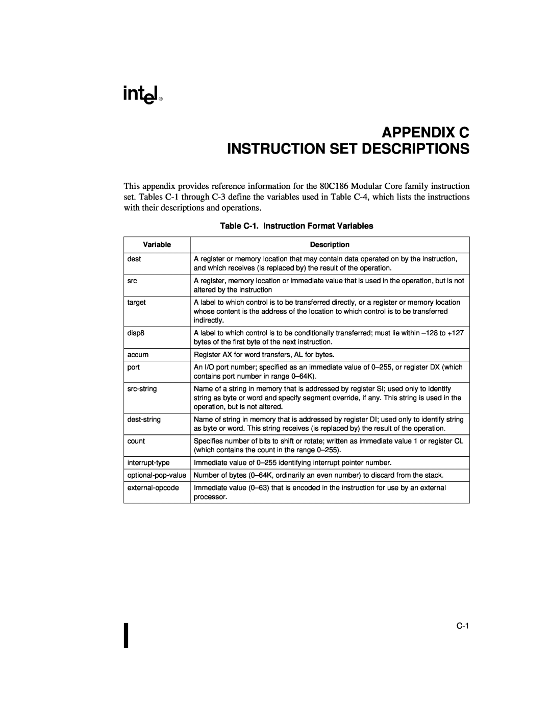 Intel 80C188XL, 80C186XL user manual Appendix C Instruction Set Descriptions, Table C-1.Instruction Format Variables 