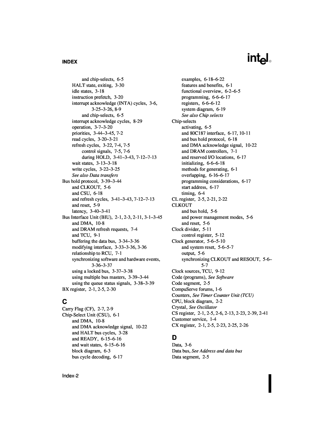 Intel 80C186XL, 80C188XL user manual Index, Crystal‚ See Oscillator, Data bus, See Address and data bus 