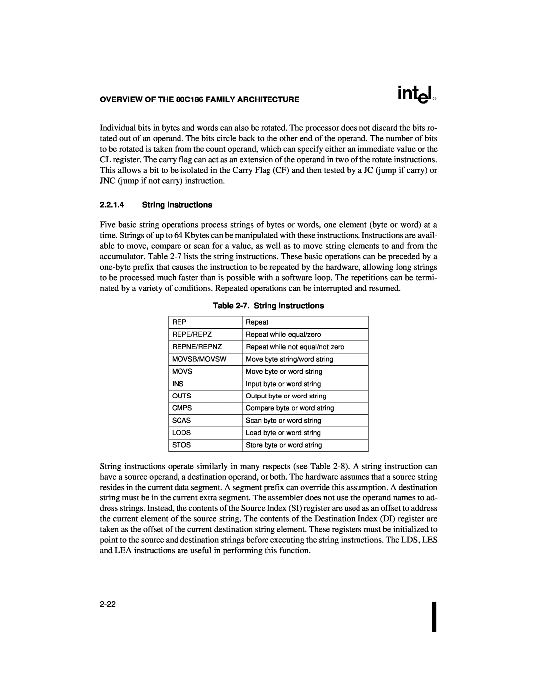 Intel 80C186XL, 80C188XL OVERVIEW OF THE 80C186 FAMILY ARCHITECTURE, 2.2.1.4String Instructions, 7.String Instructions 