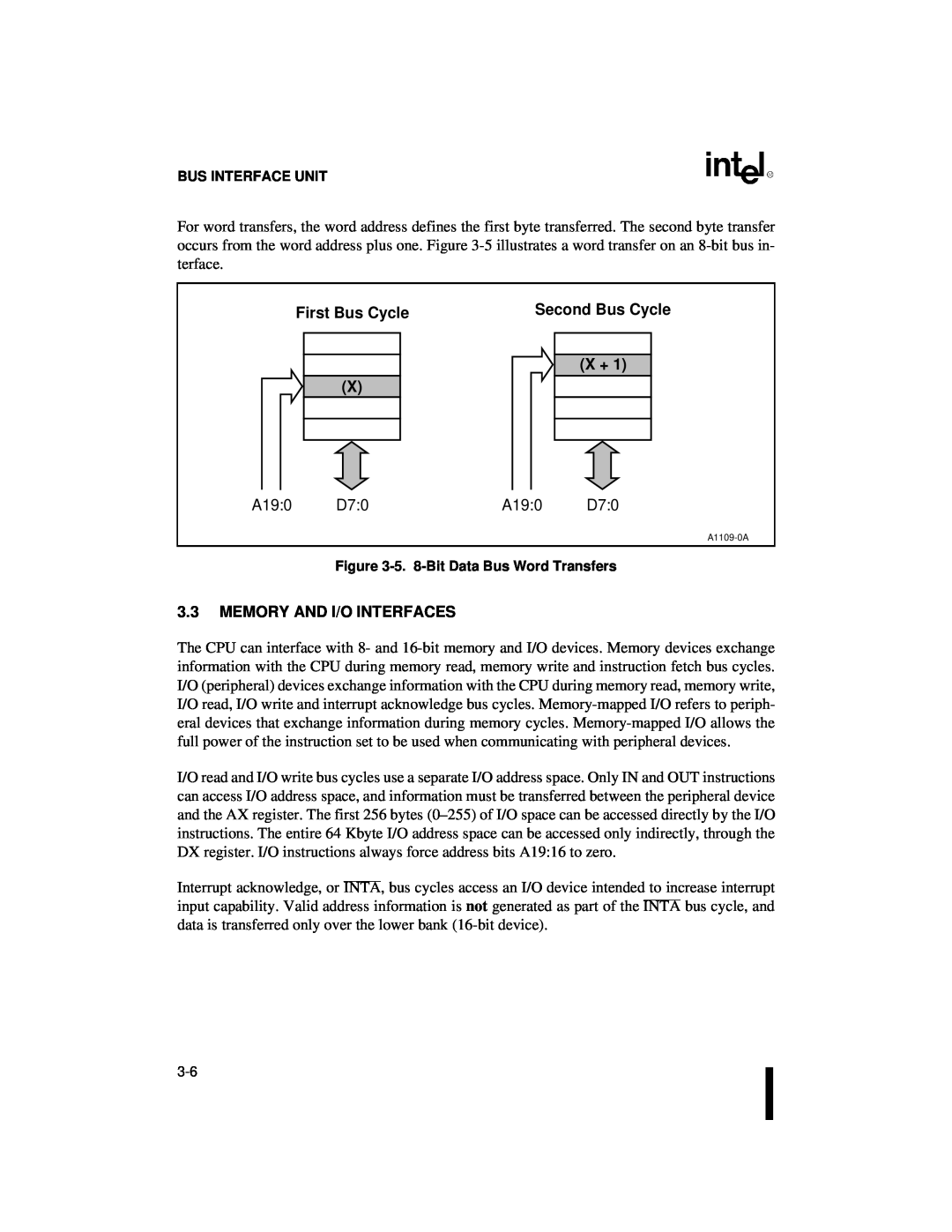 Intel 80C186XL, 80C188XL user manual A19:0, D7:0, 3.3MEMORY AND I/O INTERFACES, First Bus Cycle, X + X, Second Bus Cycle 