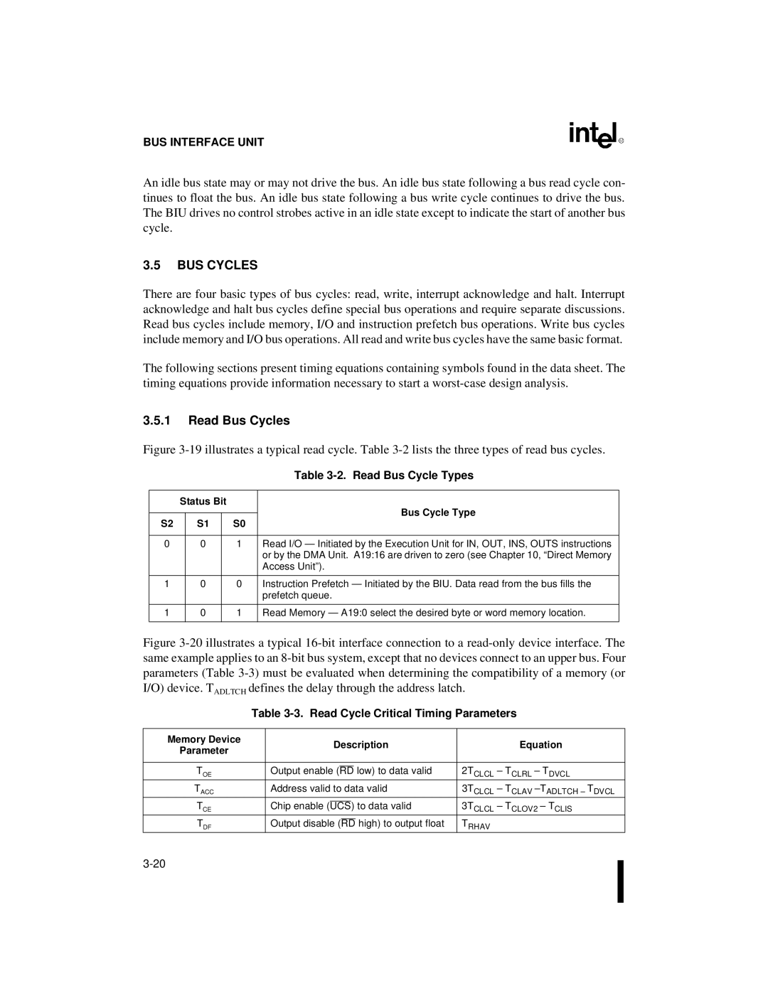 Intel 80C186XL, 80C188XL BUS Cycles, Read Bus Cycles, Read Bus Cycle Types, Read Cycle Critical Timing Parameters 