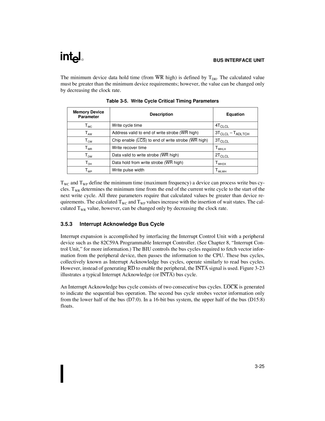 Intel 80C188XL, 80C186XL user manual Interrupt Acknowledge Bus Cycle, Write Cycle Critical Timing Parameters 