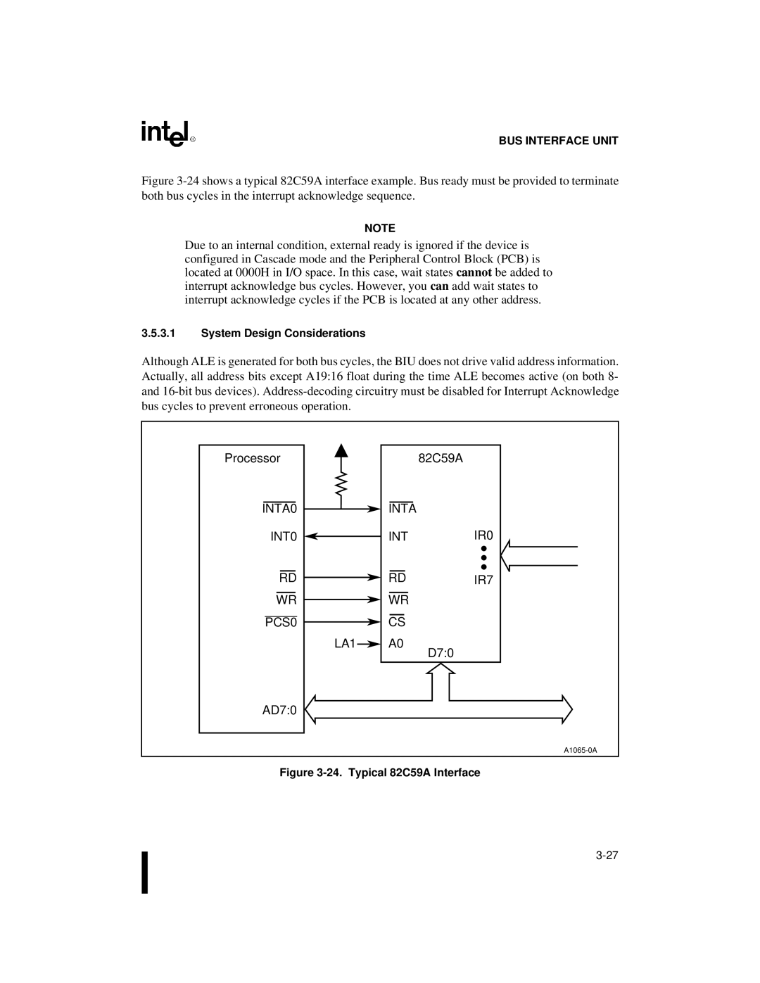 Intel 80C188XL, 80C186XL user manual Processor 82C59A, INTA0 Inta INT0 IR0 IR7 PCS0 LA1, System Design Considerations 