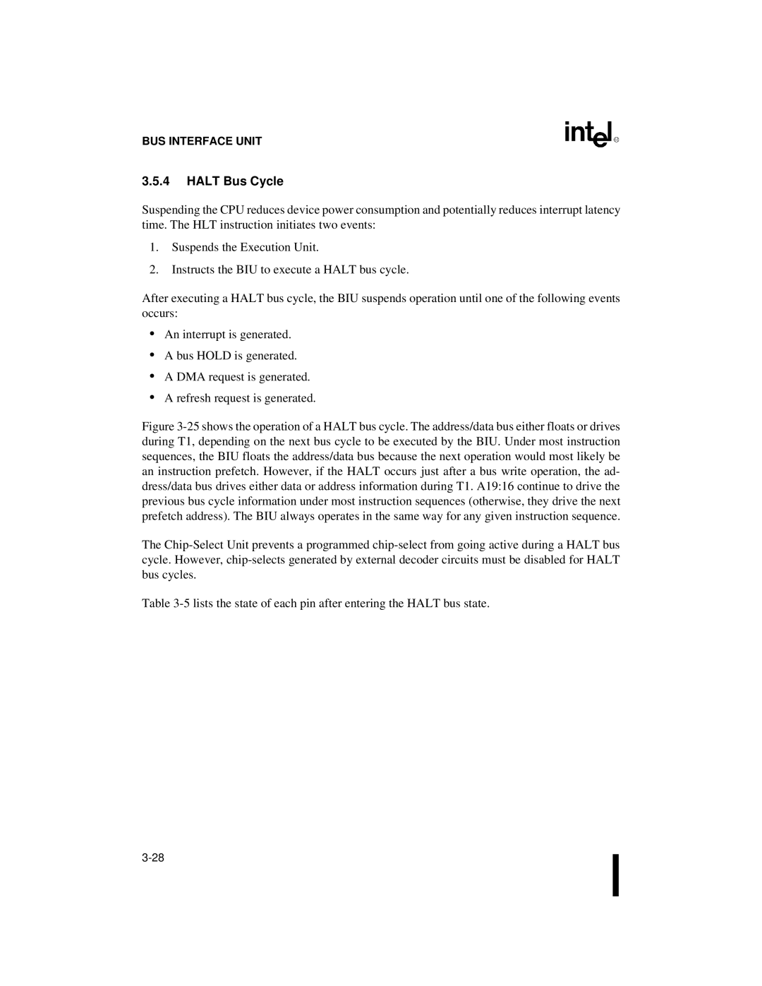 Intel 80C186XL, 80C188XL user manual Halt Bus Cycle 