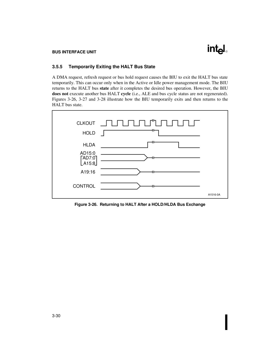 Intel 80C186XL, 80C188XL Temporarily Exiting the Halt Bus State, Clkout Hold Hlda, AD150 AD70 A158 A1916, Control 