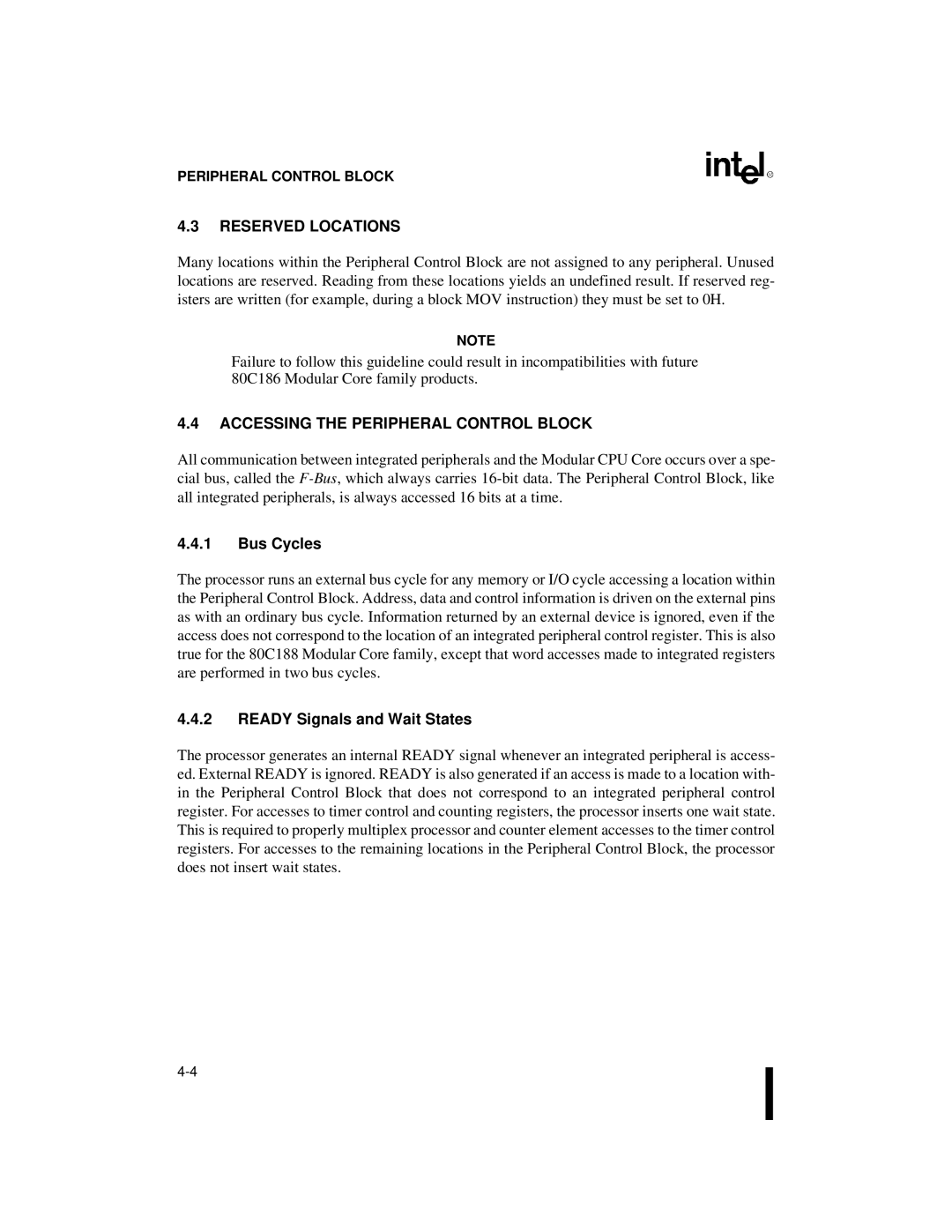 Intel 80C186XL Reserved Locations, Accessing the Peripheral Control Block, Bus Cycles, Ready Signals and Wait States 