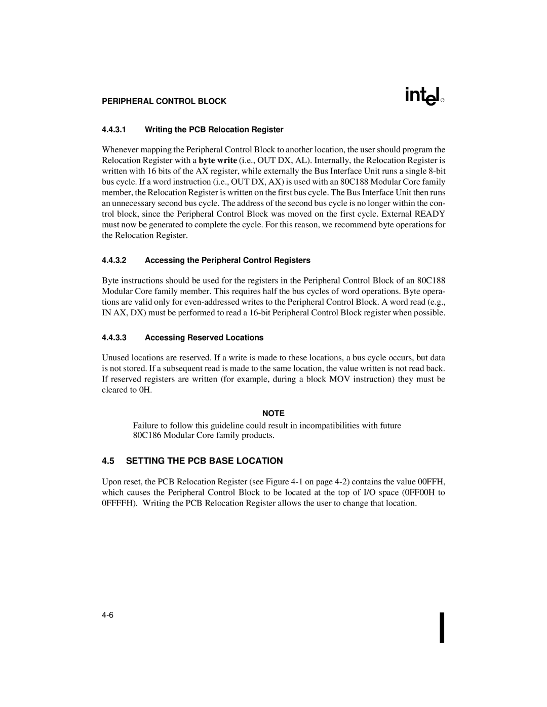 Intel 80C186XL, 80C188XL Setting the PCB Base Location, Writing the PCB Relocation Register, Accessing Reserved Locations 