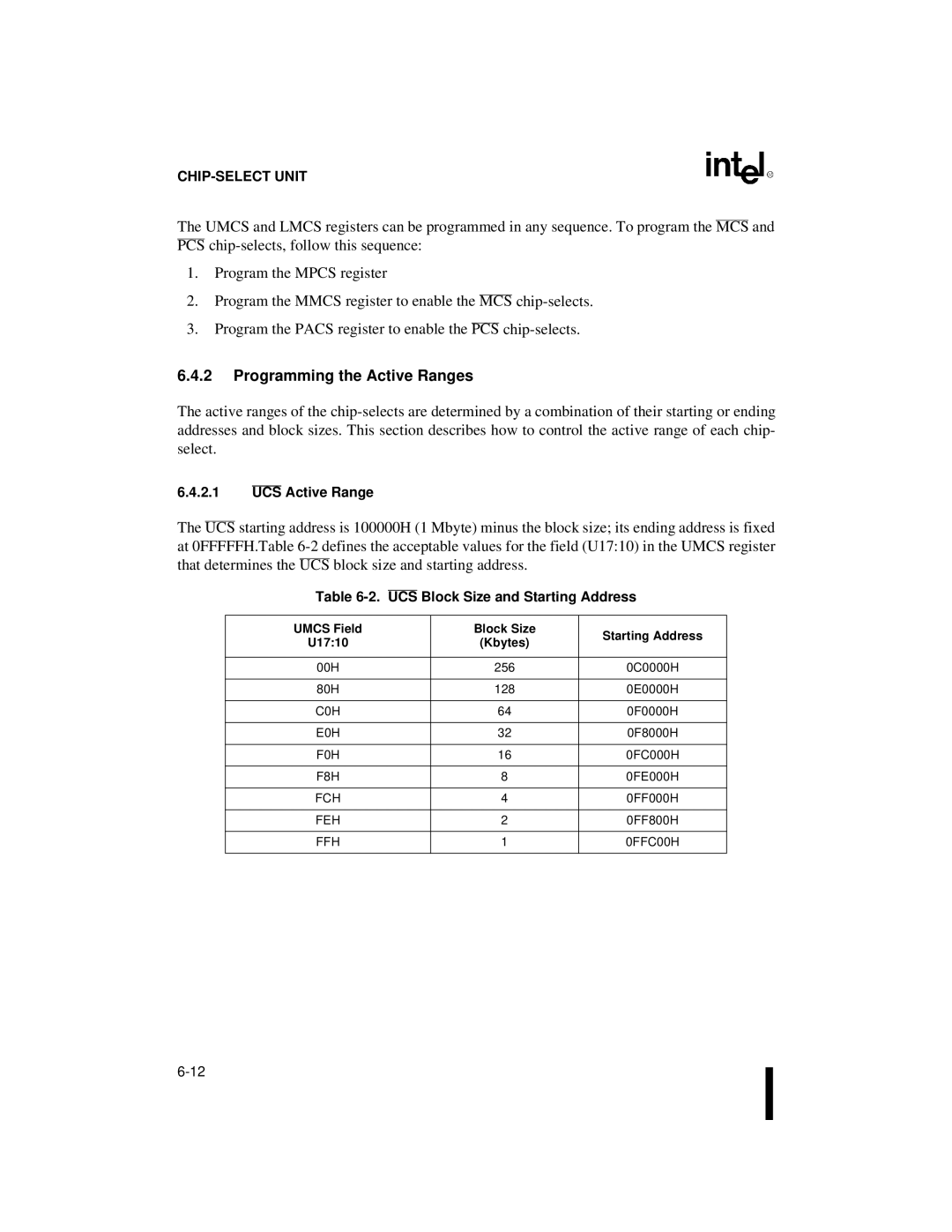 Intel 80C186XL, 80C188XL user manual Programming the Active Ranges, UCS Active Range, UCS Block Size and Starting Address 