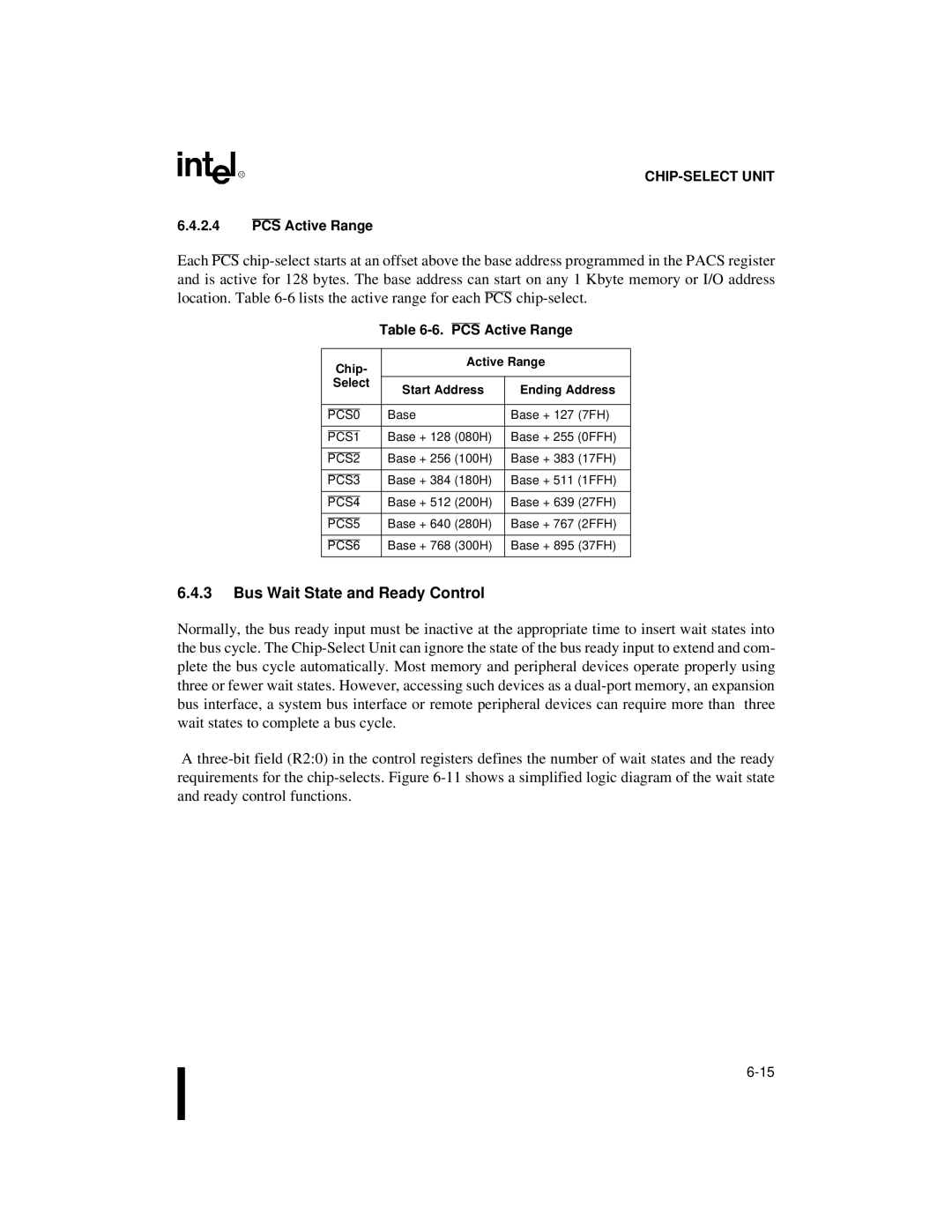 Intel 80C188XL, 80C186XL user manual Bus Wait State and Ready Control, PCS Active Range 