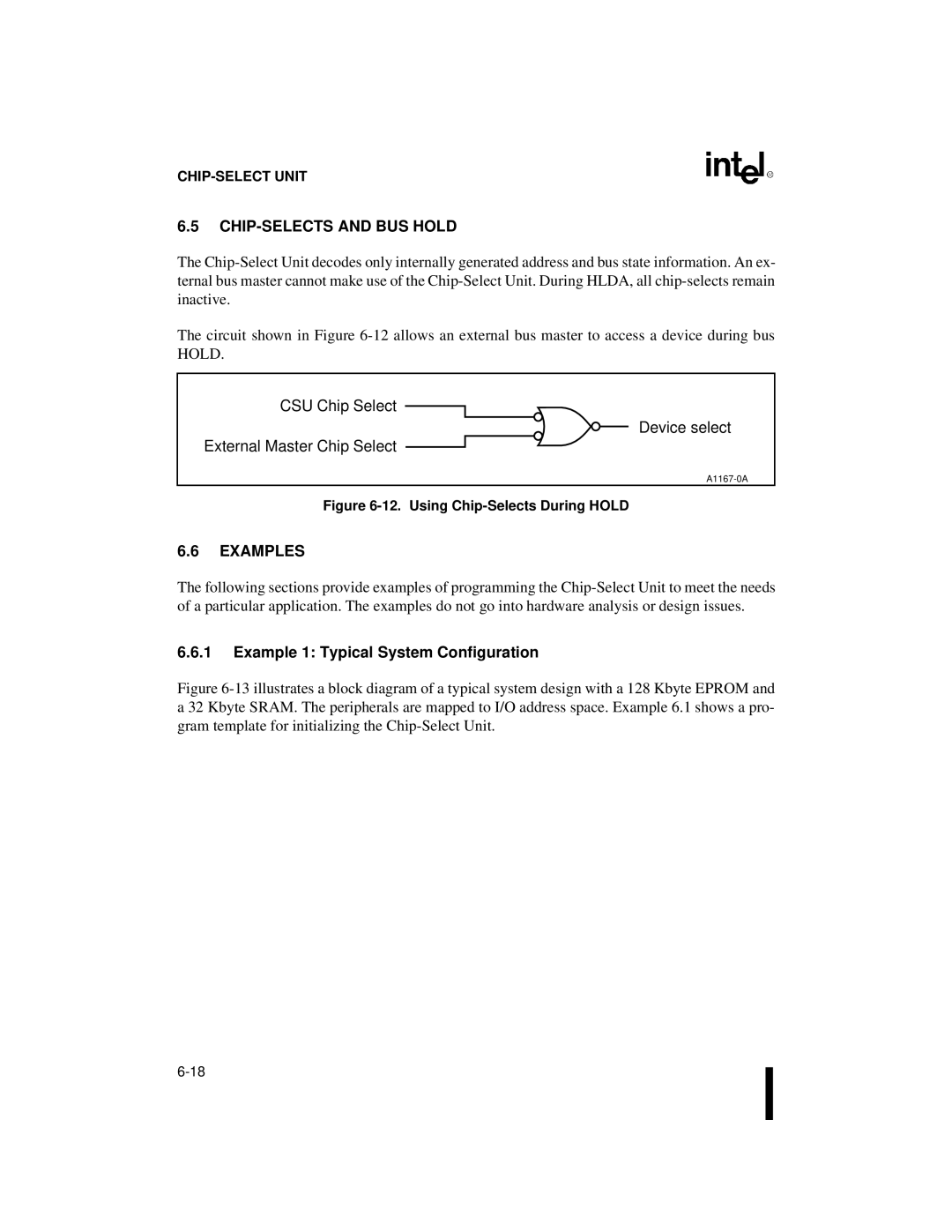 Intel 80C186XL, 80C188XL user manual CHIP-SELECTS and BUS Hold, Examples, Example 1 Typical System Configuration 