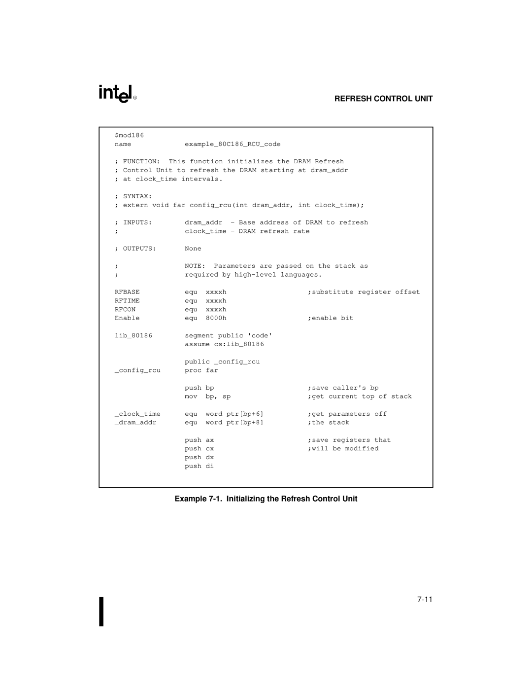 Intel 80C188XL, 80C186XL user manual Example 7-1. Initializing the Refresh Control Unit 