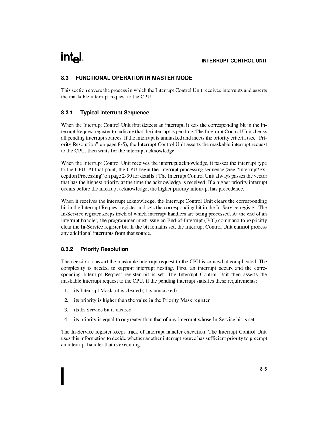 Intel 80C188XL, 80C186XL user manual Functional Operation in Master Mode, Typical Interrupt Sequence, Priority Resolution 