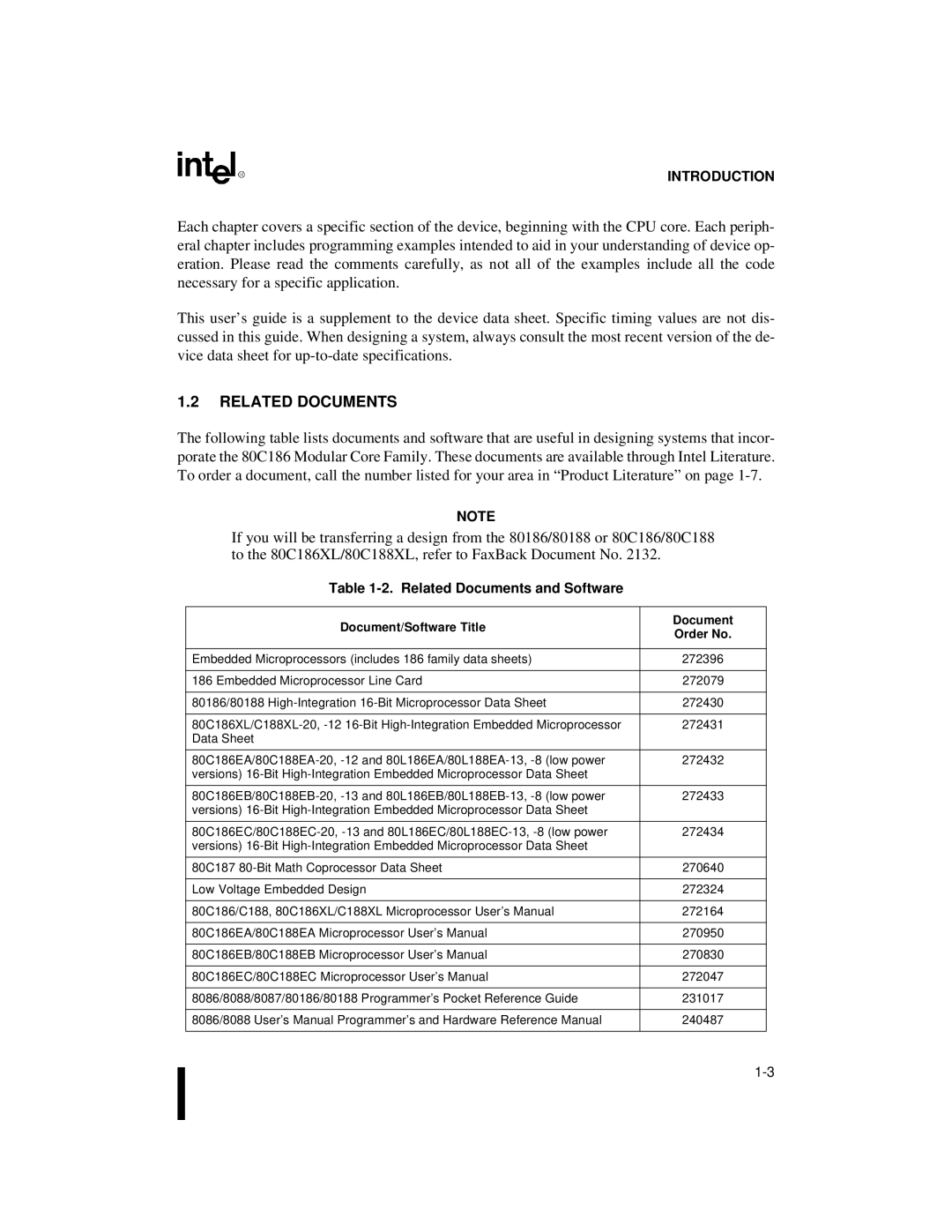 Intel 80C188XL, 80C186XL user manual Related Documents and Software, Document/Software Title Order No 