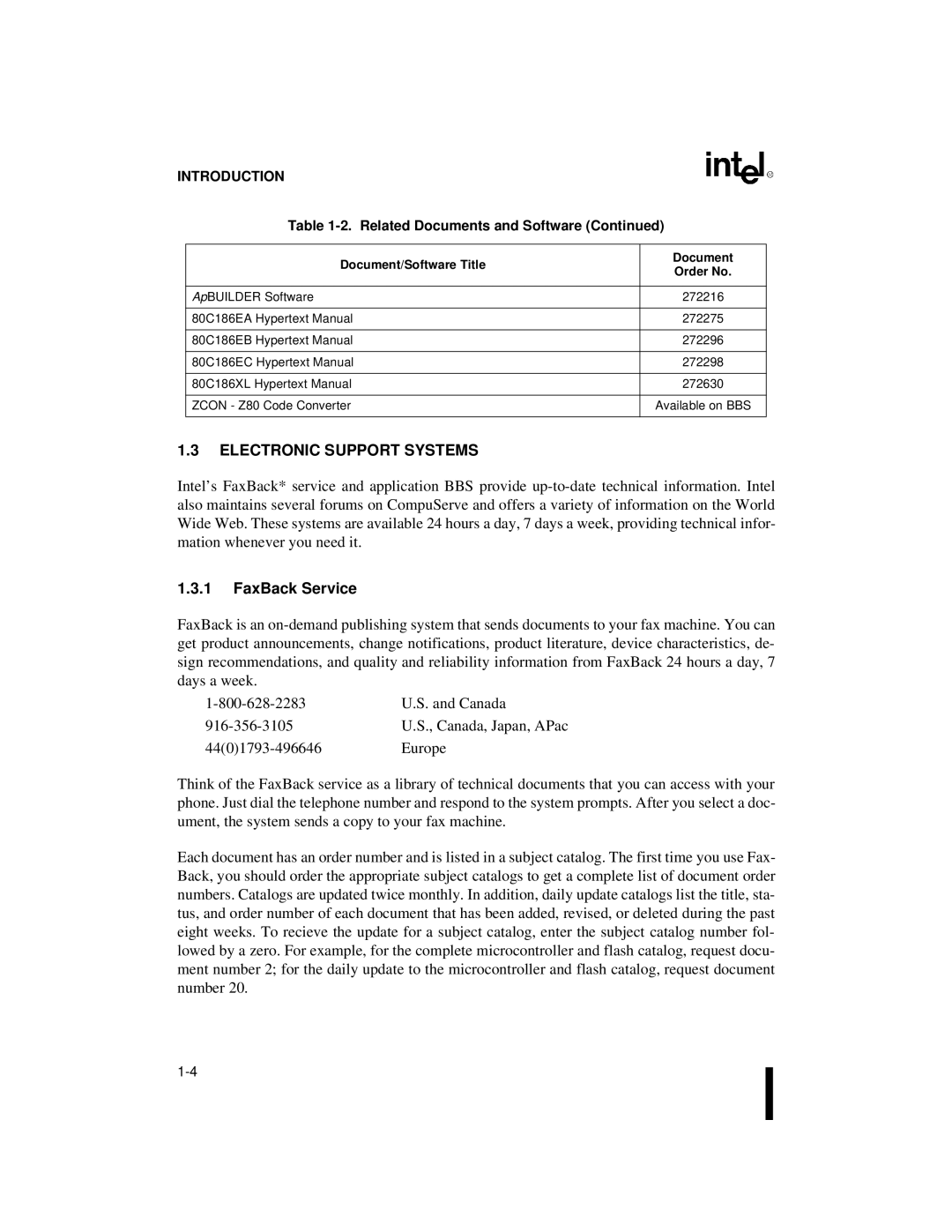 Intel 80C186XL, 80C188XL user manual Electronic Support Systems, FaxBack Service 