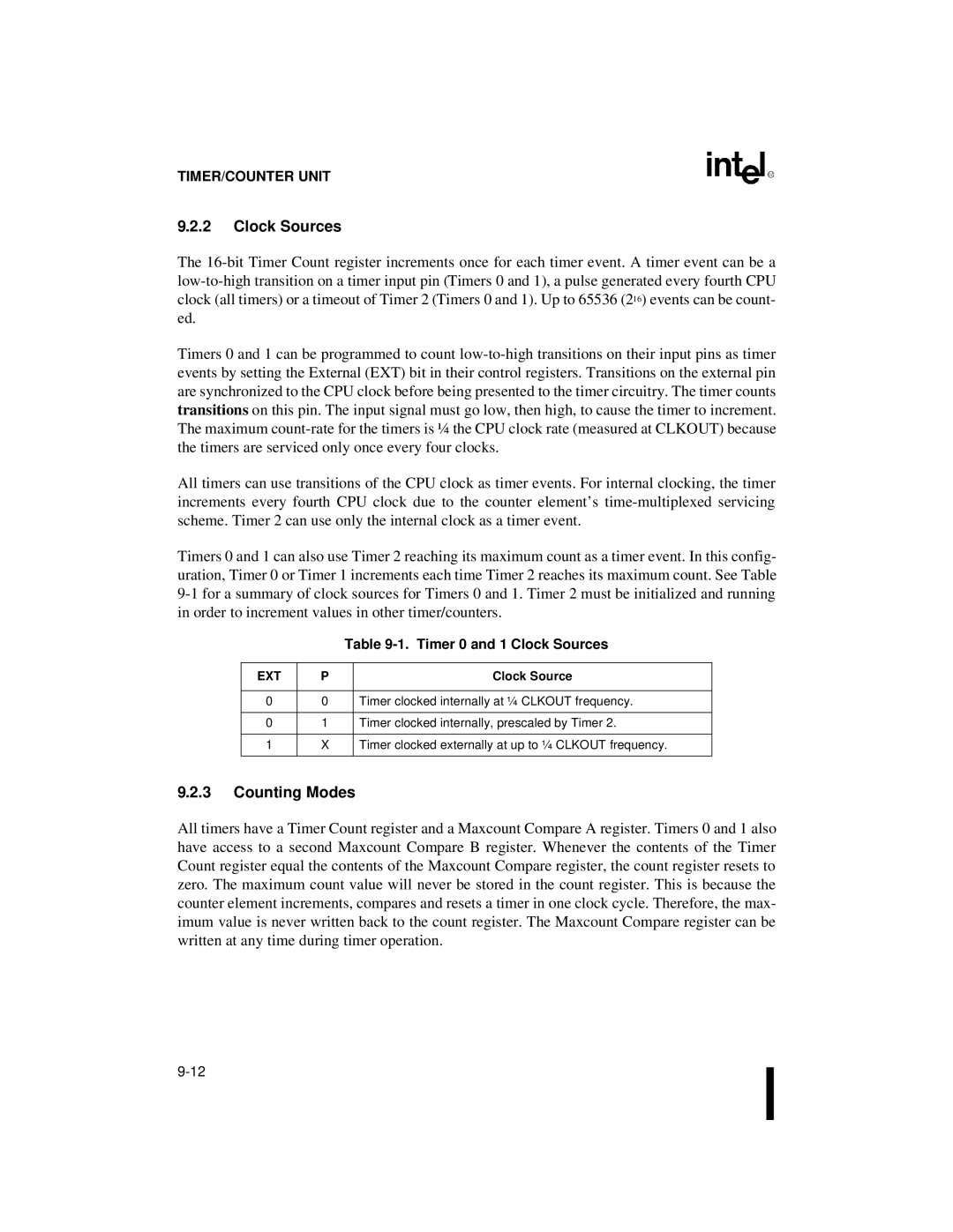 Intel 80C186XL, 80C188XL user manual Counting Modes, Timer 0 and 1 Clock Sources 