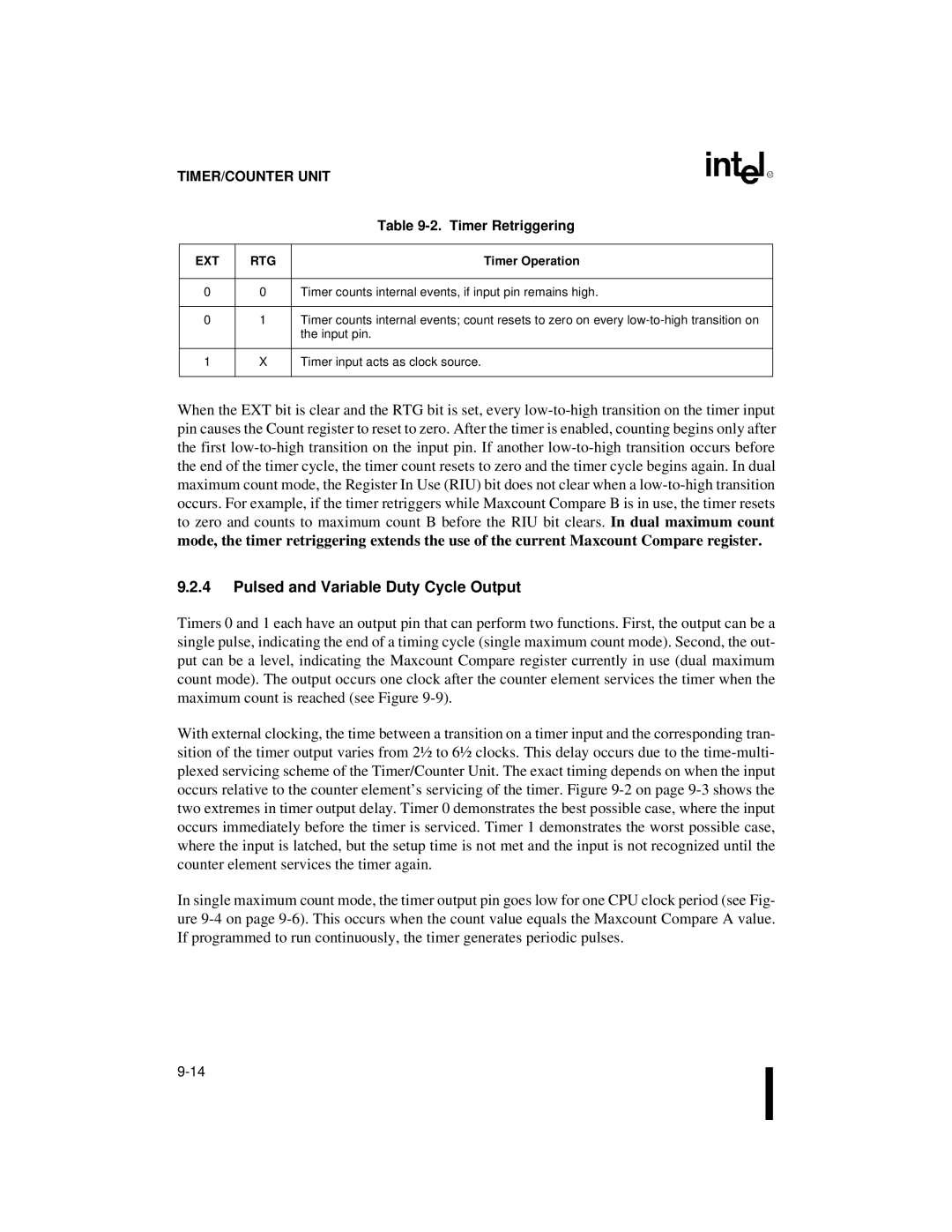 Intel 80C186XL, 80C188XL user manual Pulsed and Variable Duty Cycle Output, Timer Retriggering, Timer Operation 