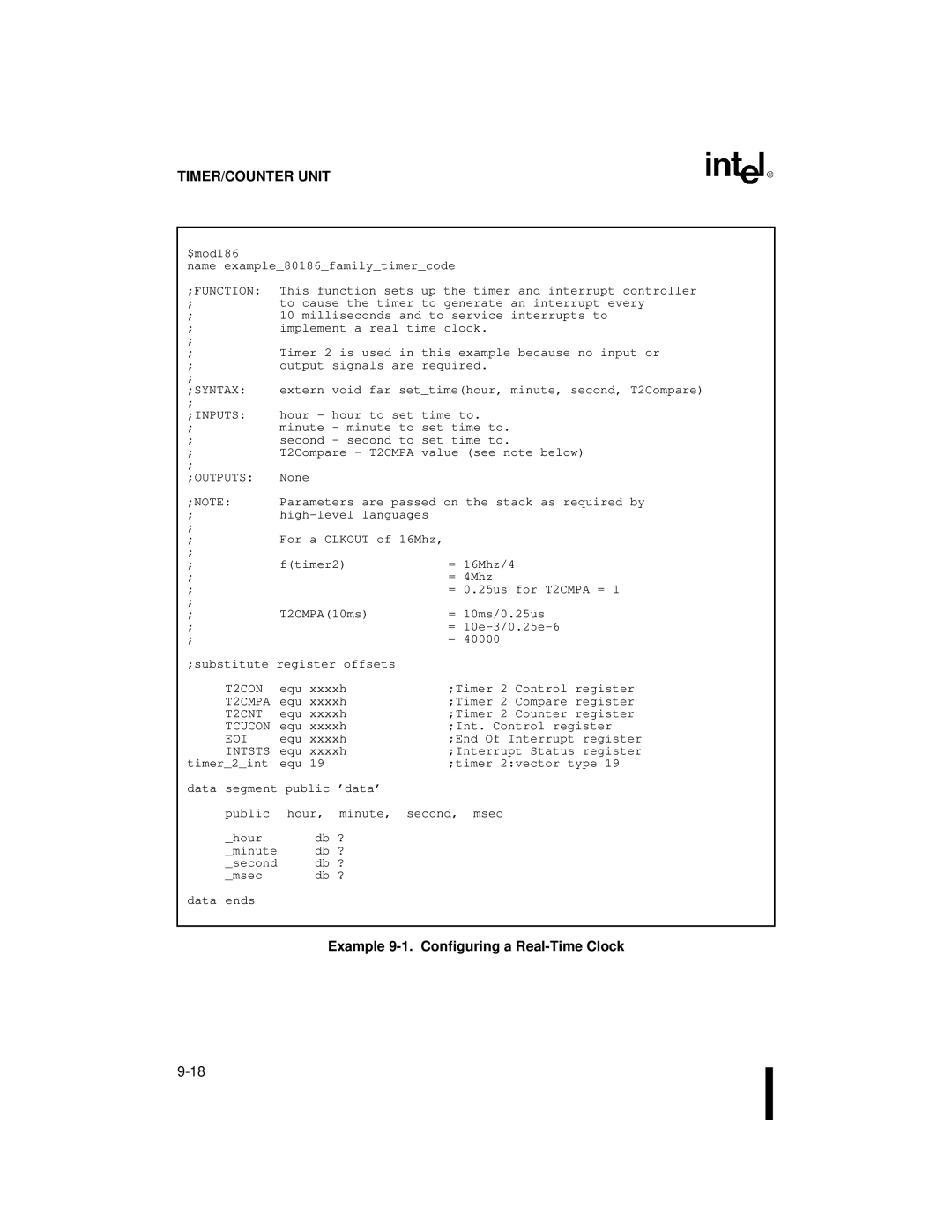 Intel 80C186XL, 80C188XL user manual Example 9-1. Configuring a Real-Time Clock, Intsts 