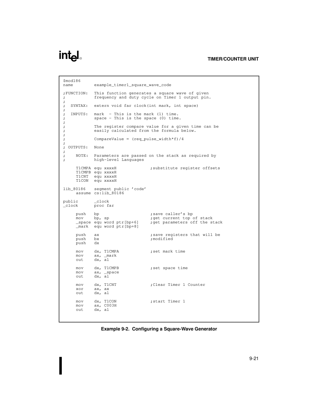 Intel 80C188XL, 80C186XL user manual Example 9-2. Configuring a Square-Wave Generator, T1CON 