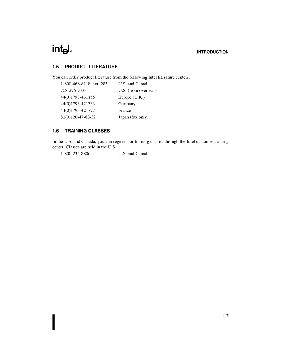 Intel 80C188XL, 80C186XL user manual Product Literature, Training Classes 