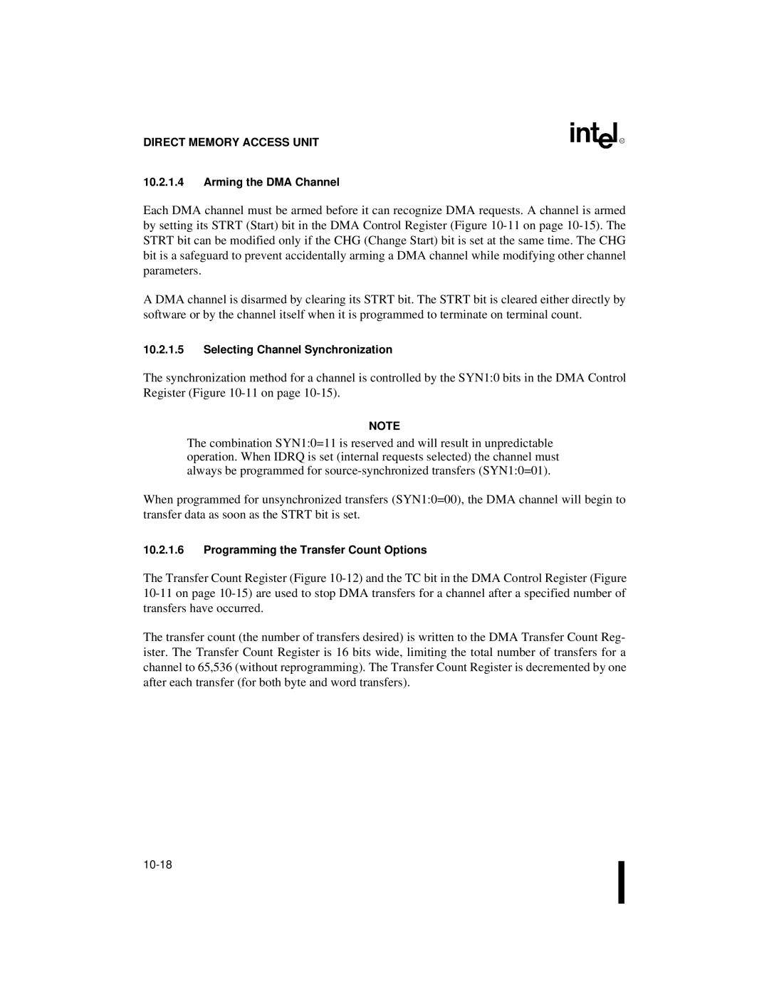 Intel 80C186XL, 80C188XL Arming the DMA Channel, Selecting Channel Synchronization, Programming the Transfer Count Options 