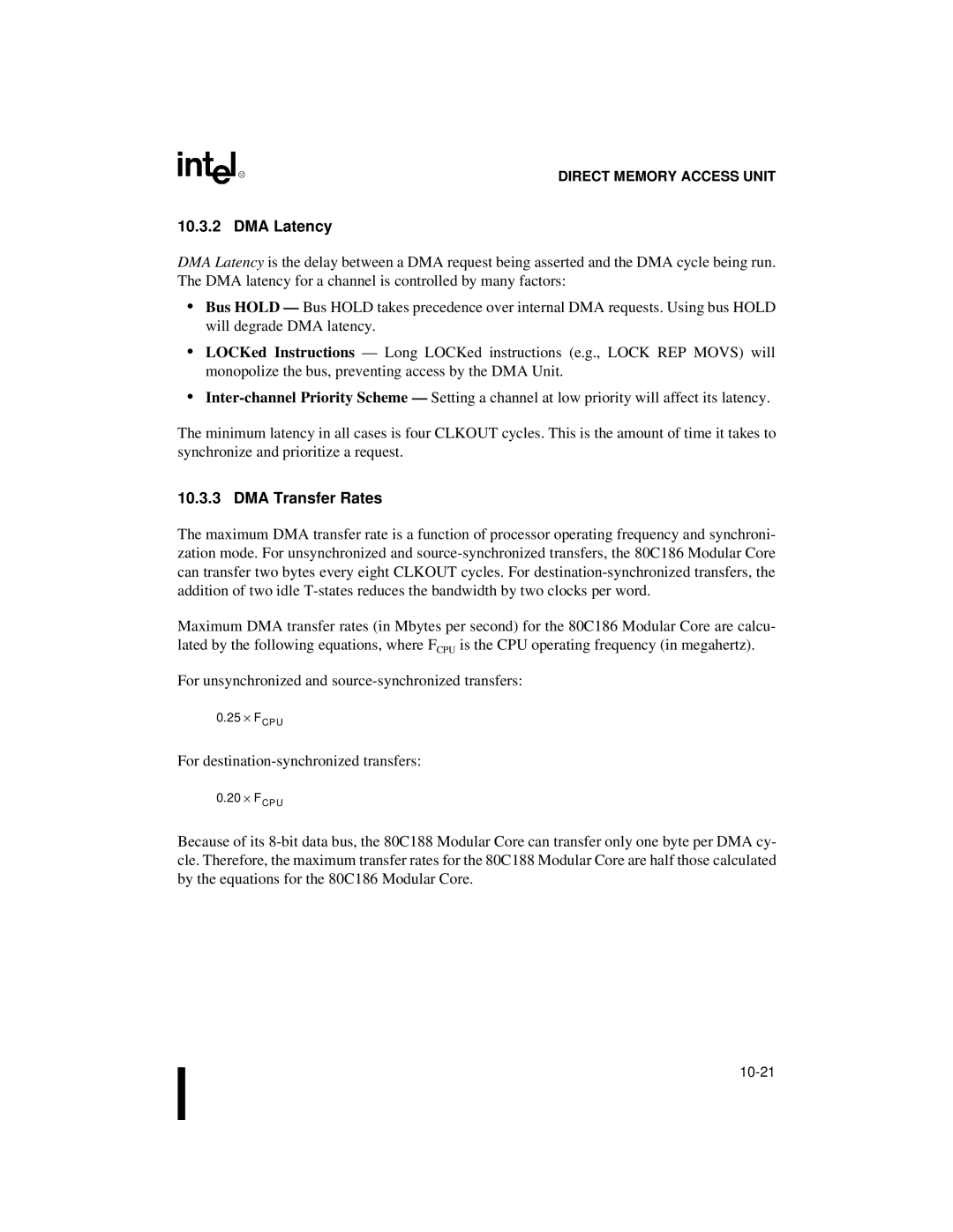 Intel 80C188XL, 80C186XL user manual DMA Latency, DMA Transfer Rates 