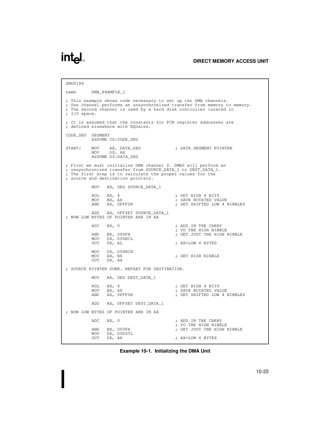 Intel 80C188XL, 80C186XL user manual Example 10-1. Initializing the DMA Unit, MOV DS, AX Assume Dsdataseg 