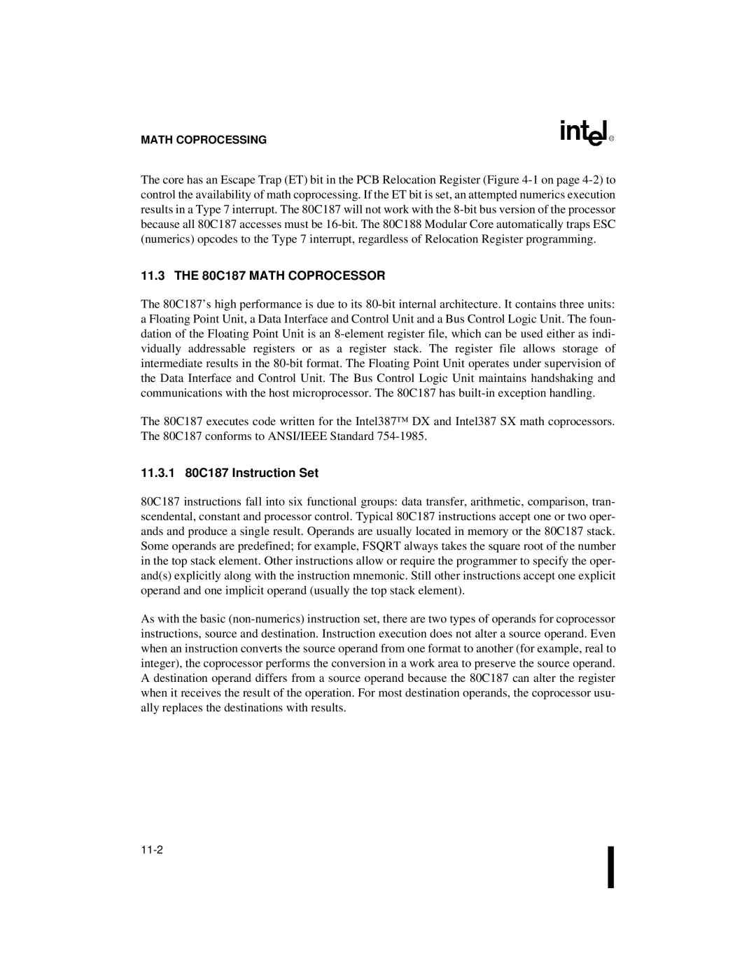 Intel 80C186XL, 80C188XL user manual 80C187 Math Coprocessor, 11.3.1 80C187 Instruction Set 