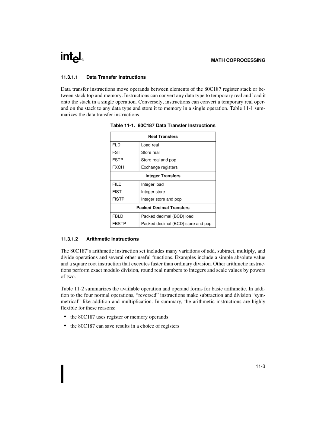 Intel 80C188XL, 80C186XL C187 Data Transfer Instructions, Real Transfers, Integer Transfers, Packed Decimal Transfers 