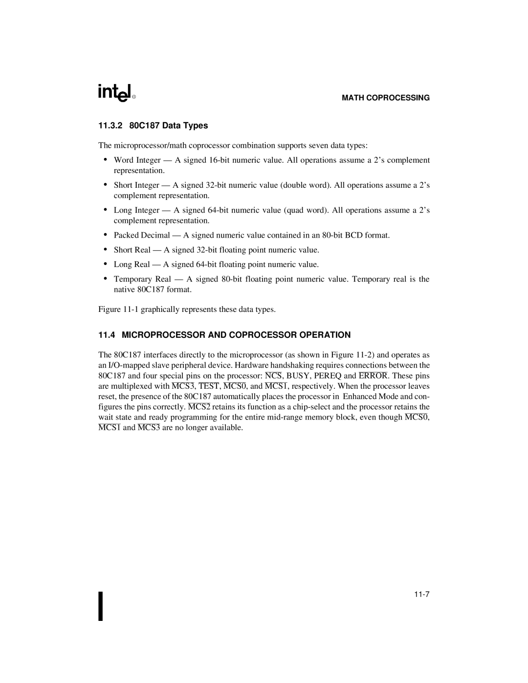 Intel 80C188XL, 80C186XL user manual 11.3.2 80C187 Data Types, Microprocessor and Coprocessor Operation 