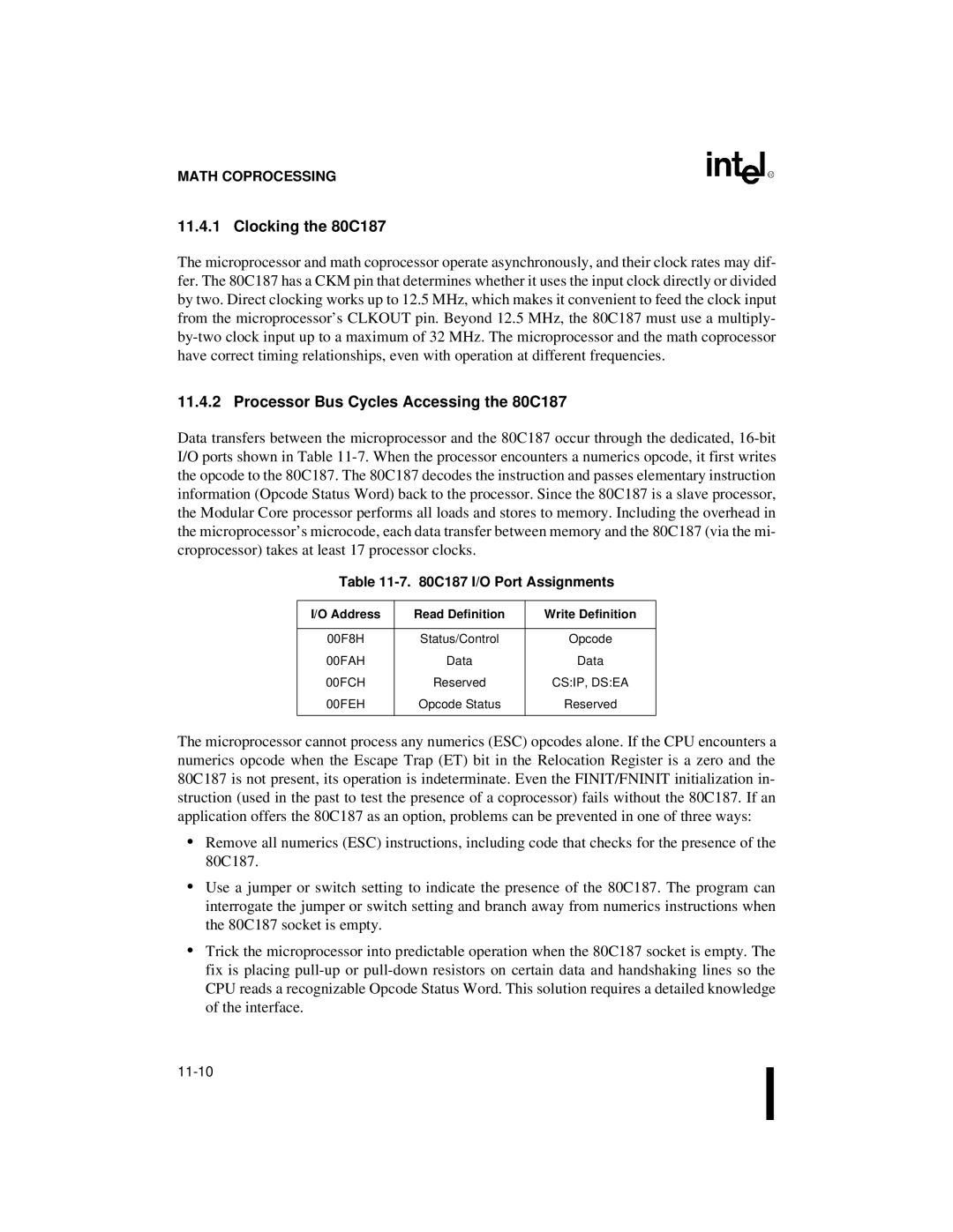 Intel 80C186XL, 80C188XL Clocking the 80C187, Processor Bus Cycles Accessing the 80C187, C187 I/O Port Assignments 