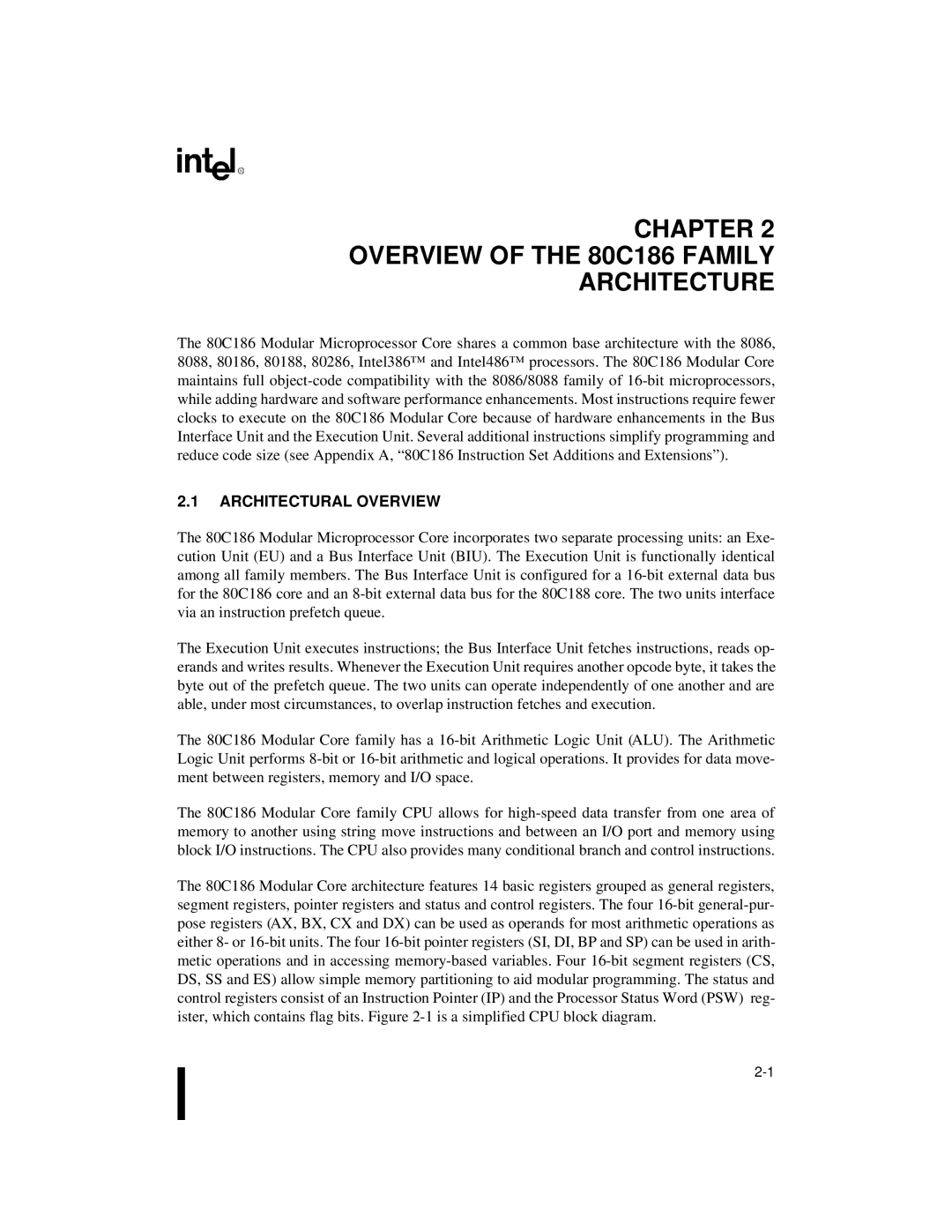 Intel 80C188XL, 80C186XL user manual Chapter Overview of the 80C186 Family Architecture, Architectural Overview 