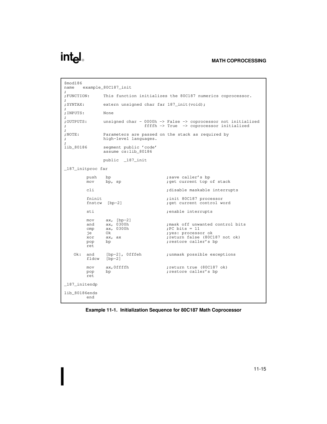 Intel 80C188XL, 80C186XL user manual Name Example80C187init 