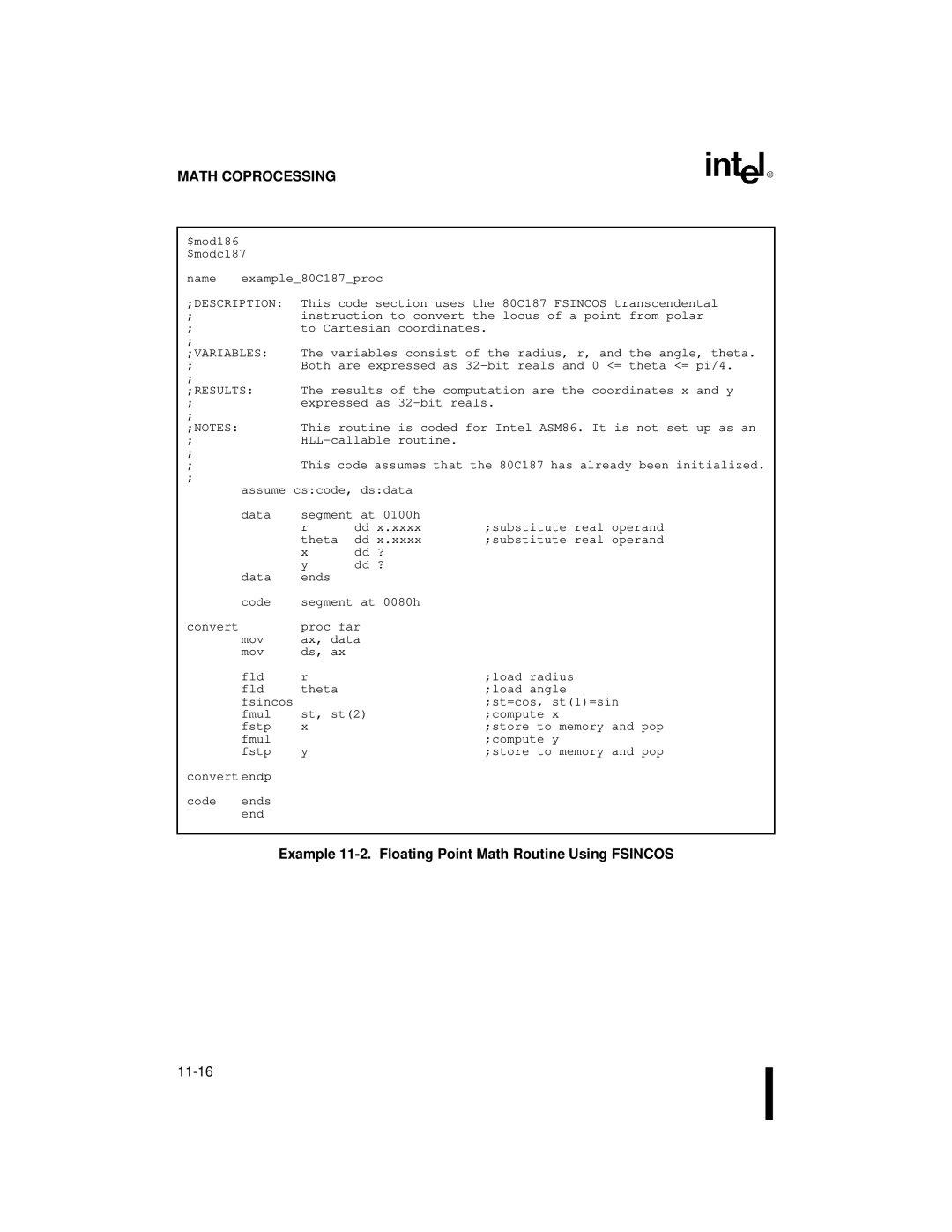 Intel 80C186XL, 80C188XL user manual Example 11-2. Floating Point Math Routine Using Fsincos, Results 