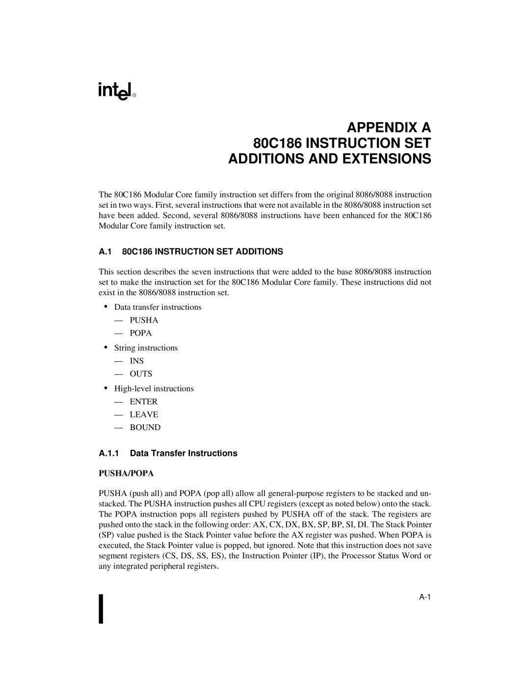 Intel 80C188XL, 80C186XL user manual 80C186 Instruction SET Additions, Data Transfer Instructions 