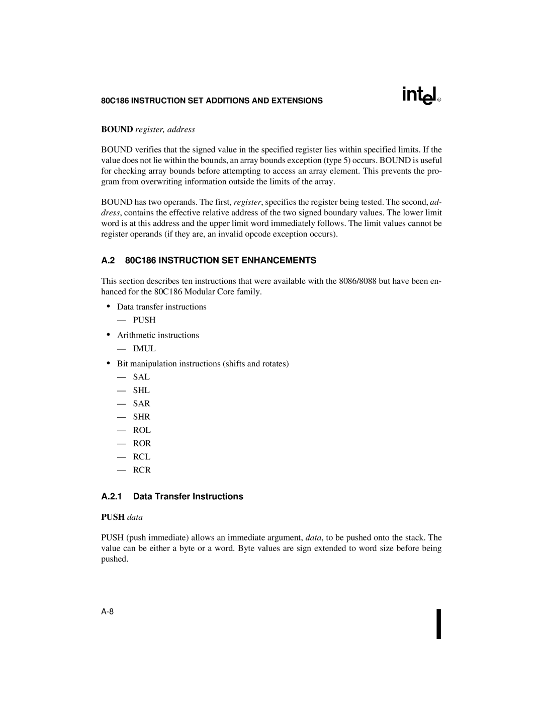 Intel 80C186XL, 80C188XL user manual Bound register, address, 80C186 Instruction SET Enhancements 