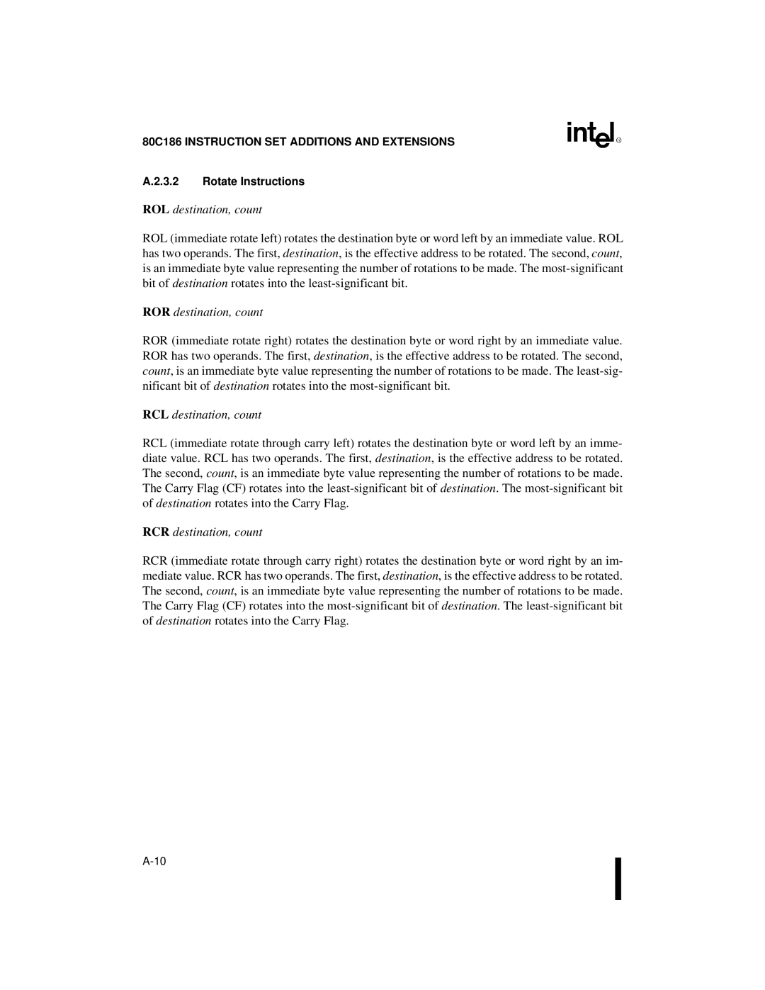 Intel 80C186XL, 80C188XL user manual ROL destination, count, Rotate Instructions 