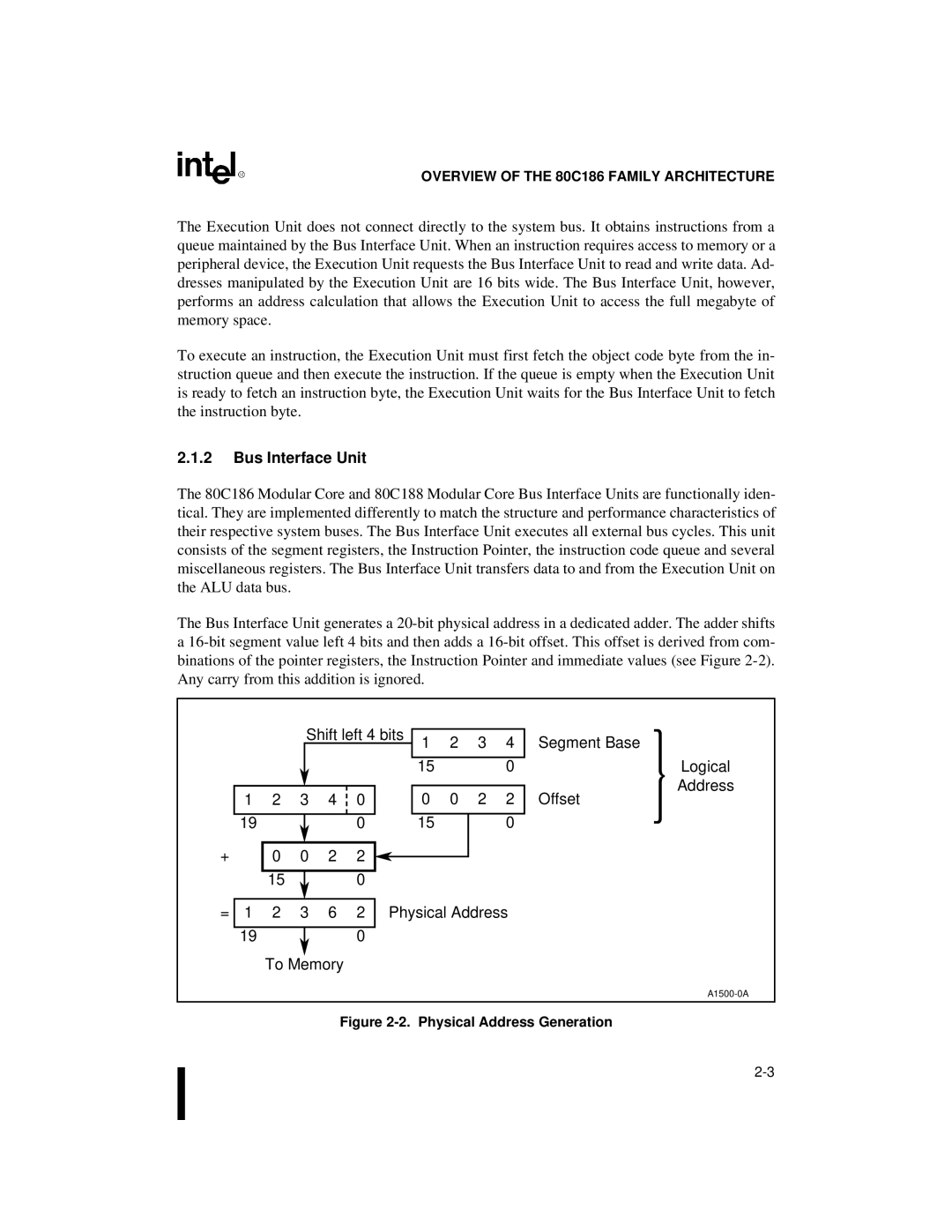 Intel 80C188XL, 80C186XL user manual Bus Interface Unit, Physical Address Generation 