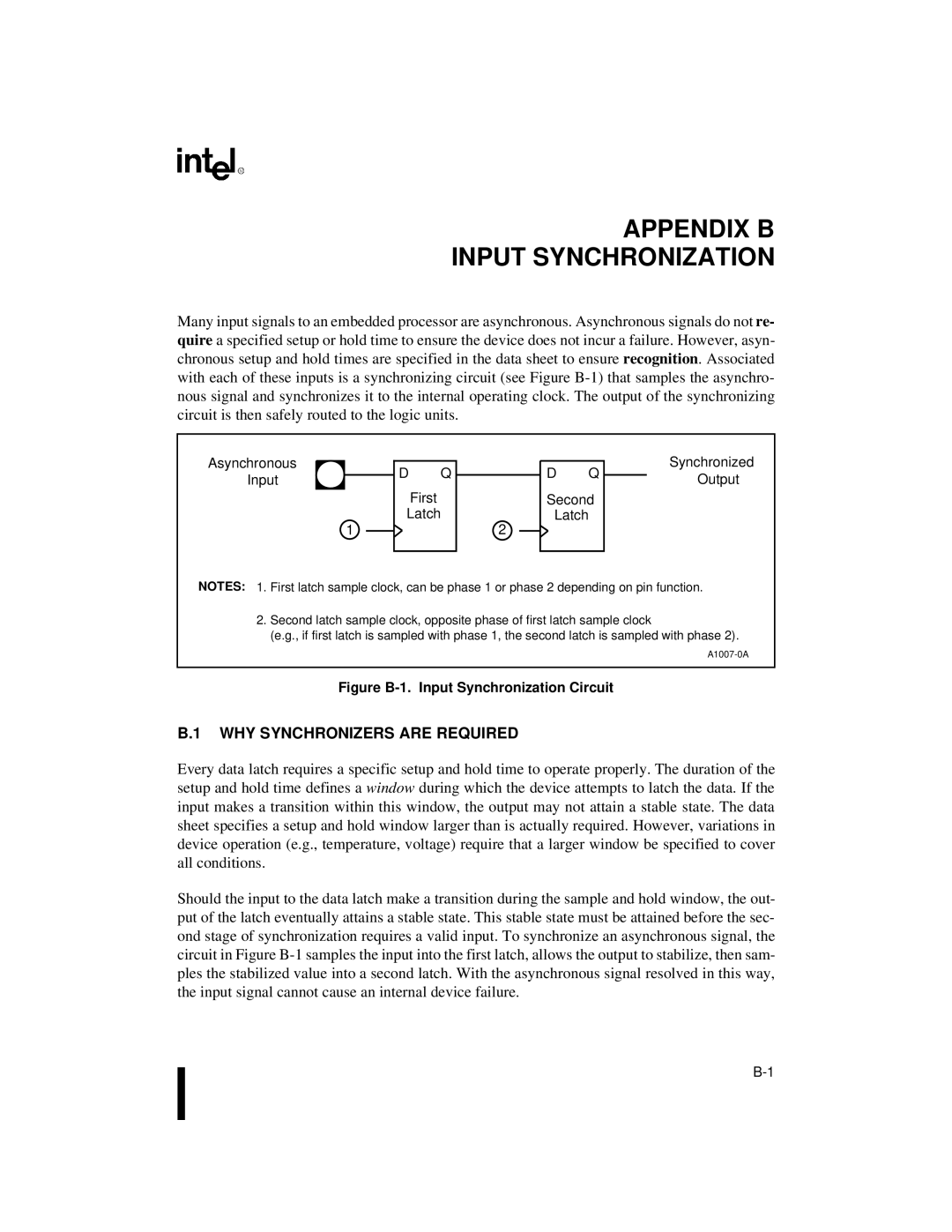 Intel 80C188XL, 80C186XL user manual WHY Synchronizers are Required, Figure B-1. Input Synchronization Circuit 