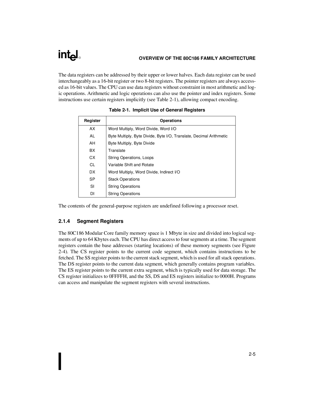 Intel 80C188XL, 80C186XL user manual Segment Registers, Implicit Use of General Registers, Operations 