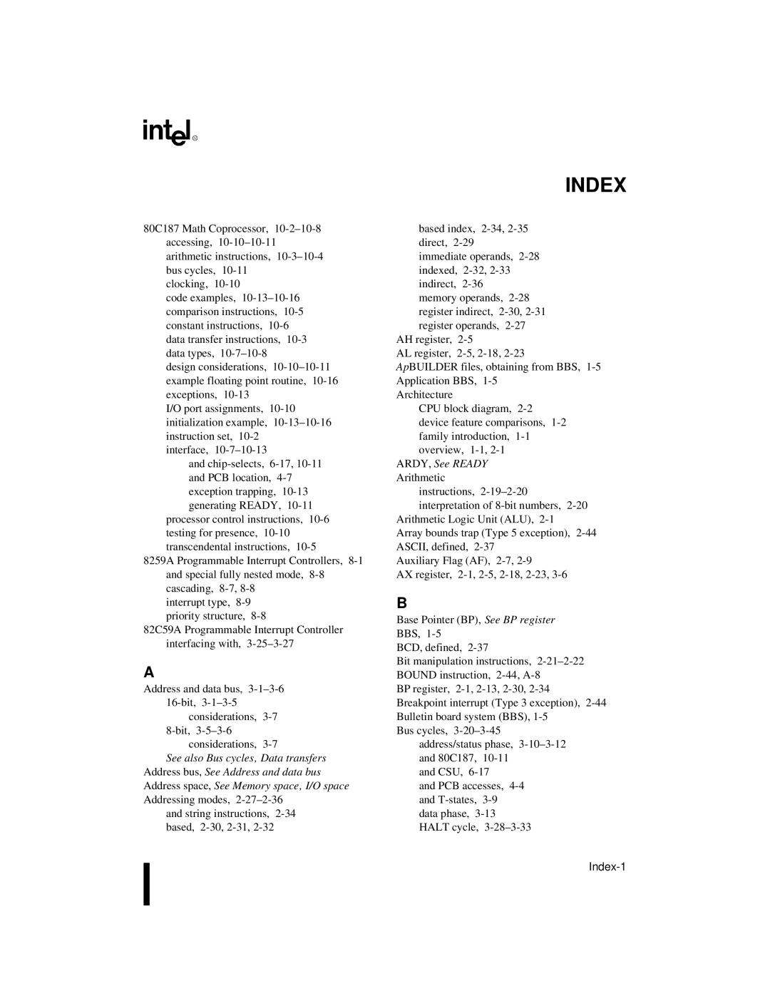 Intel 80C188XL, 80C186XL user manual Index 