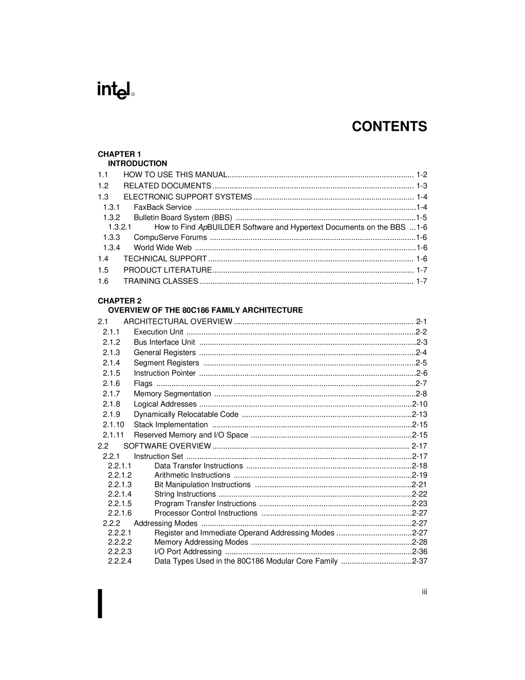 Intel 80C188XL, 80C186XL user manual Contents 