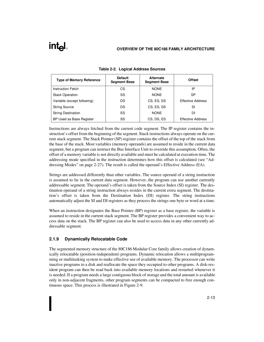 Intel 80C188XL Dynamically Relocatable Code, Logical Address Sources, Type of Memory Reference Default Alternate Offset 