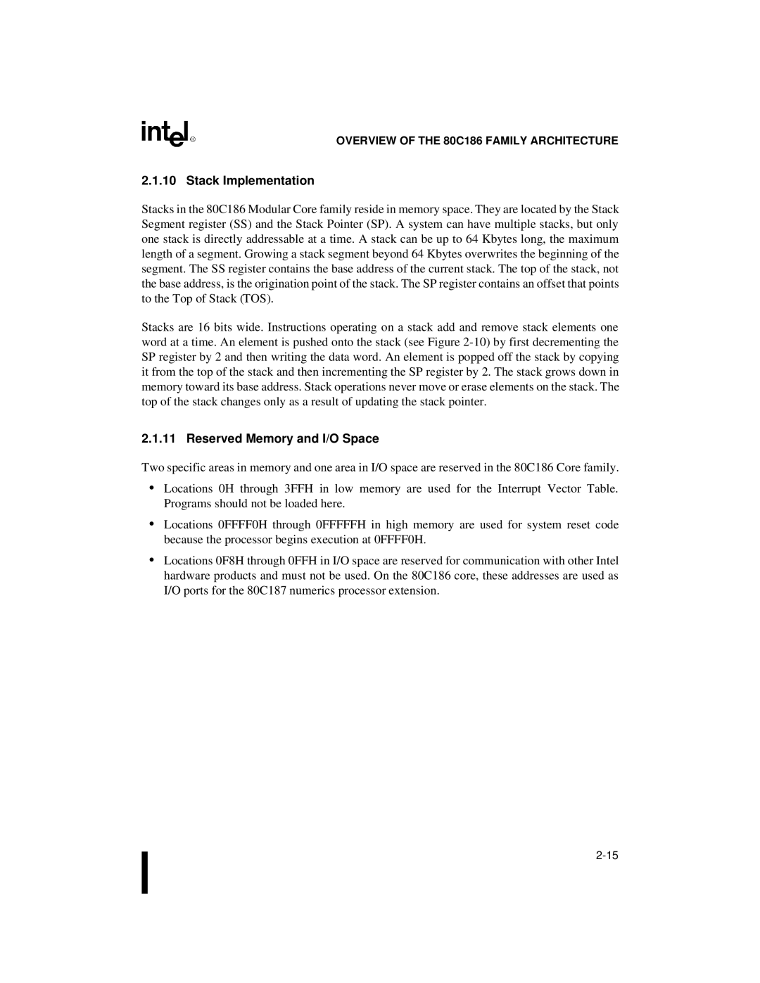 Intel 80C188XL, 80C186XL user manual Stack Implementation, Reserved Memory and I/O Space 