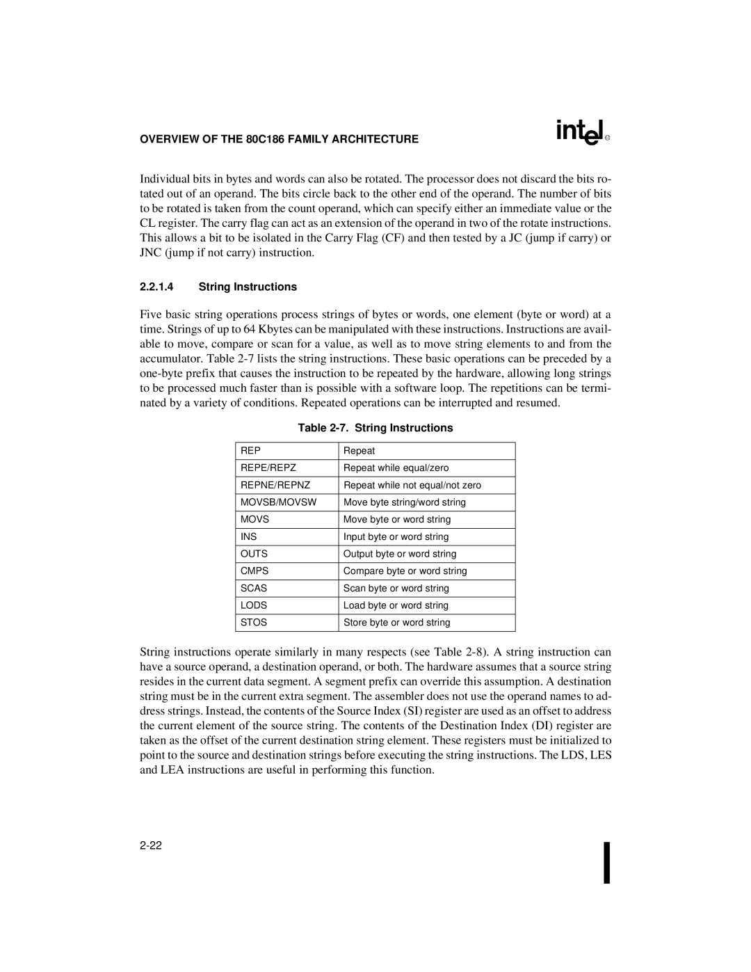 Intel 80C186XL, 80C188XL user manual String Instructions 