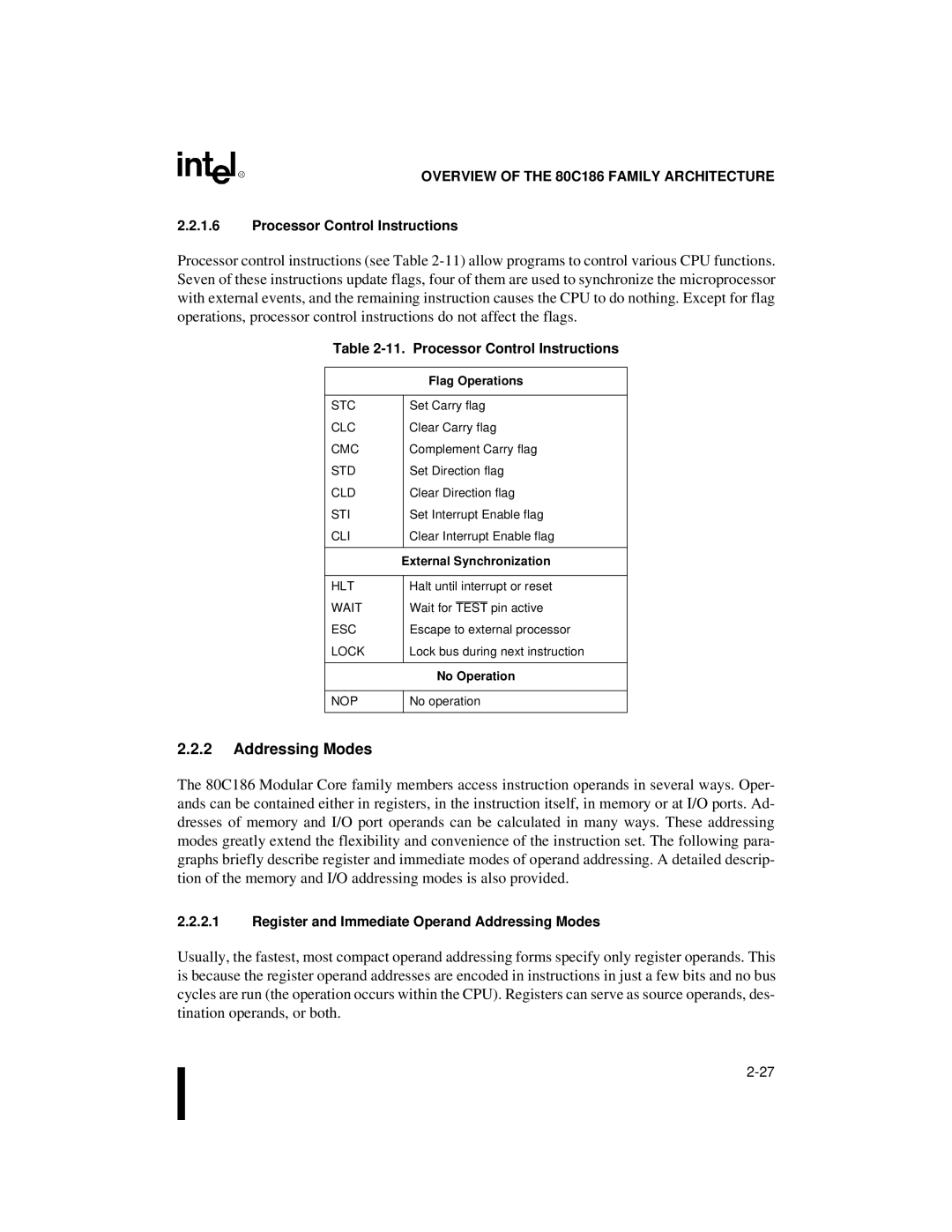 Intel 80C188XL, 80C186XL user manual Processor Control Instructions, Register and Immediate Operand Addressing Modes 