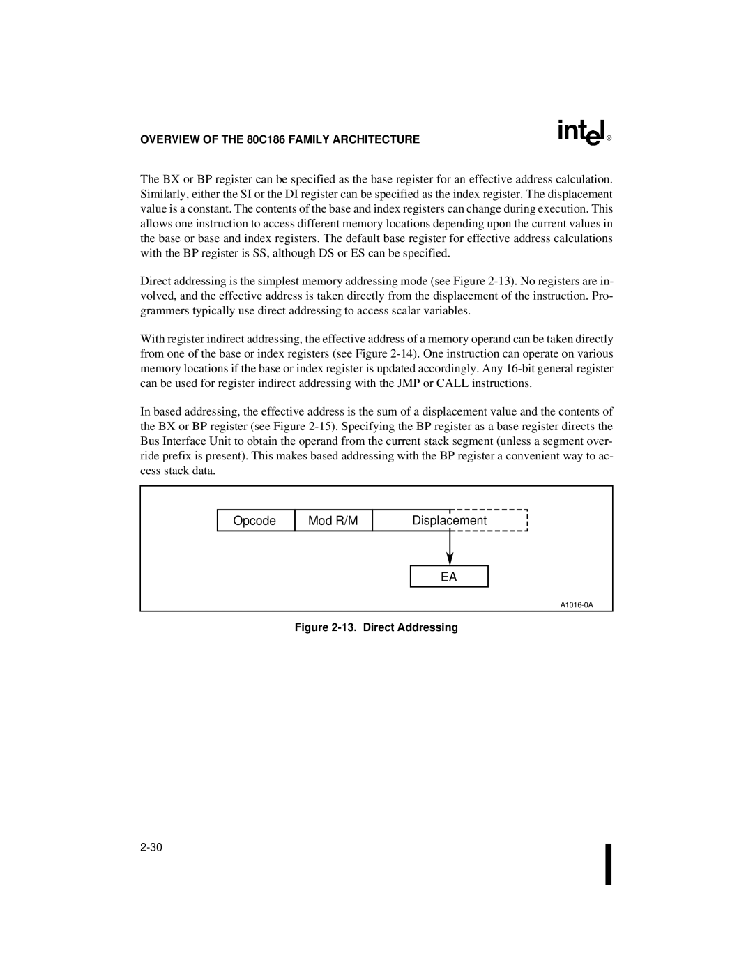 Intel 80C186XL, 80C188XL user manual Opcode Mod R/M Displacement, Direct Addressing 