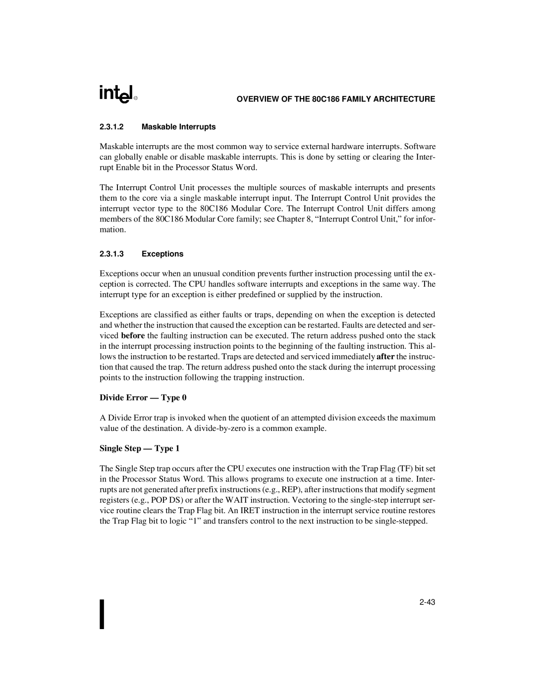 Intel 80C188XL, 80C186XL user manual Maskable Interrupts, Exceptions 