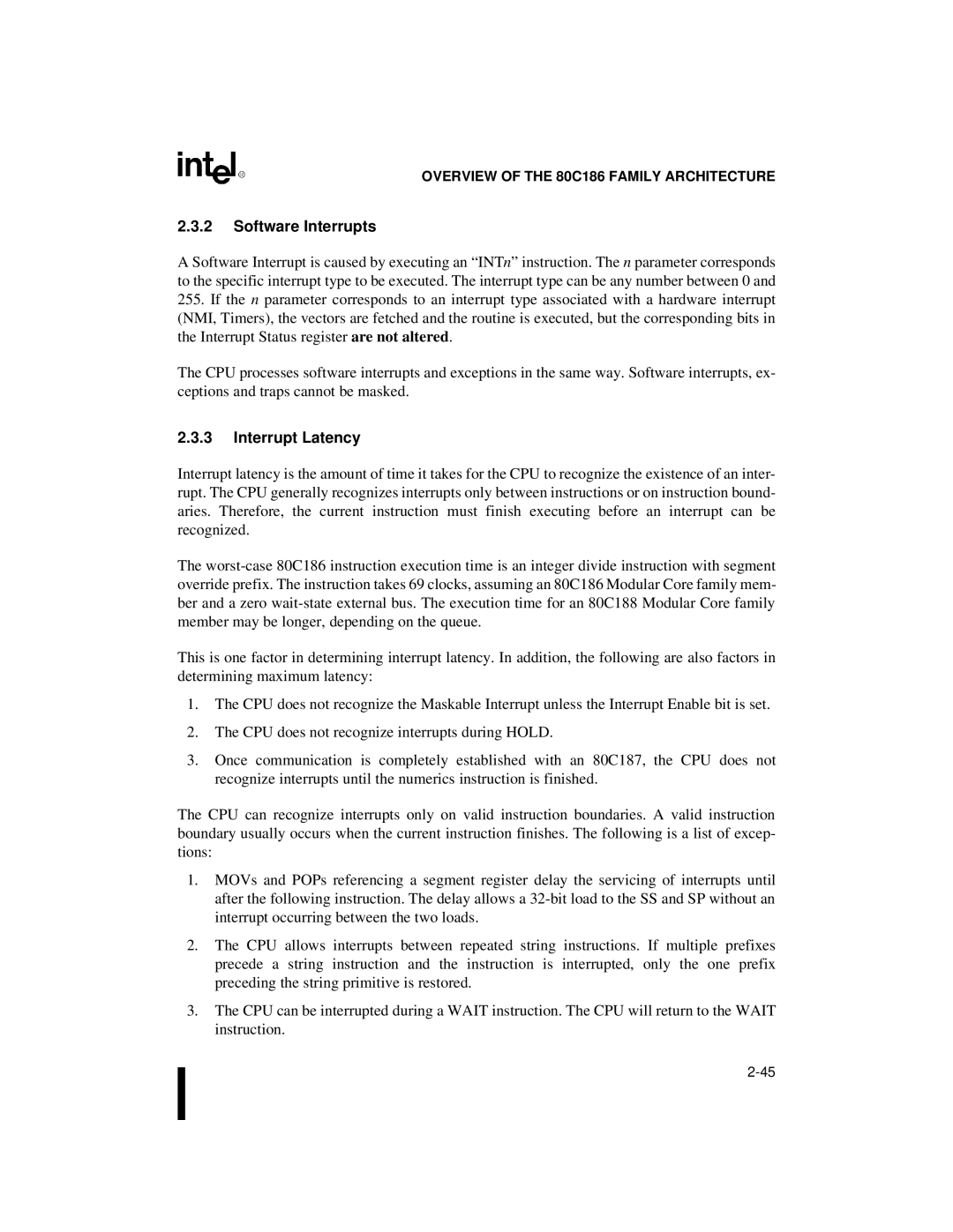 Intel 80C188XL, 80C186XL user manual Software Interrupts, Interrupt Latency 