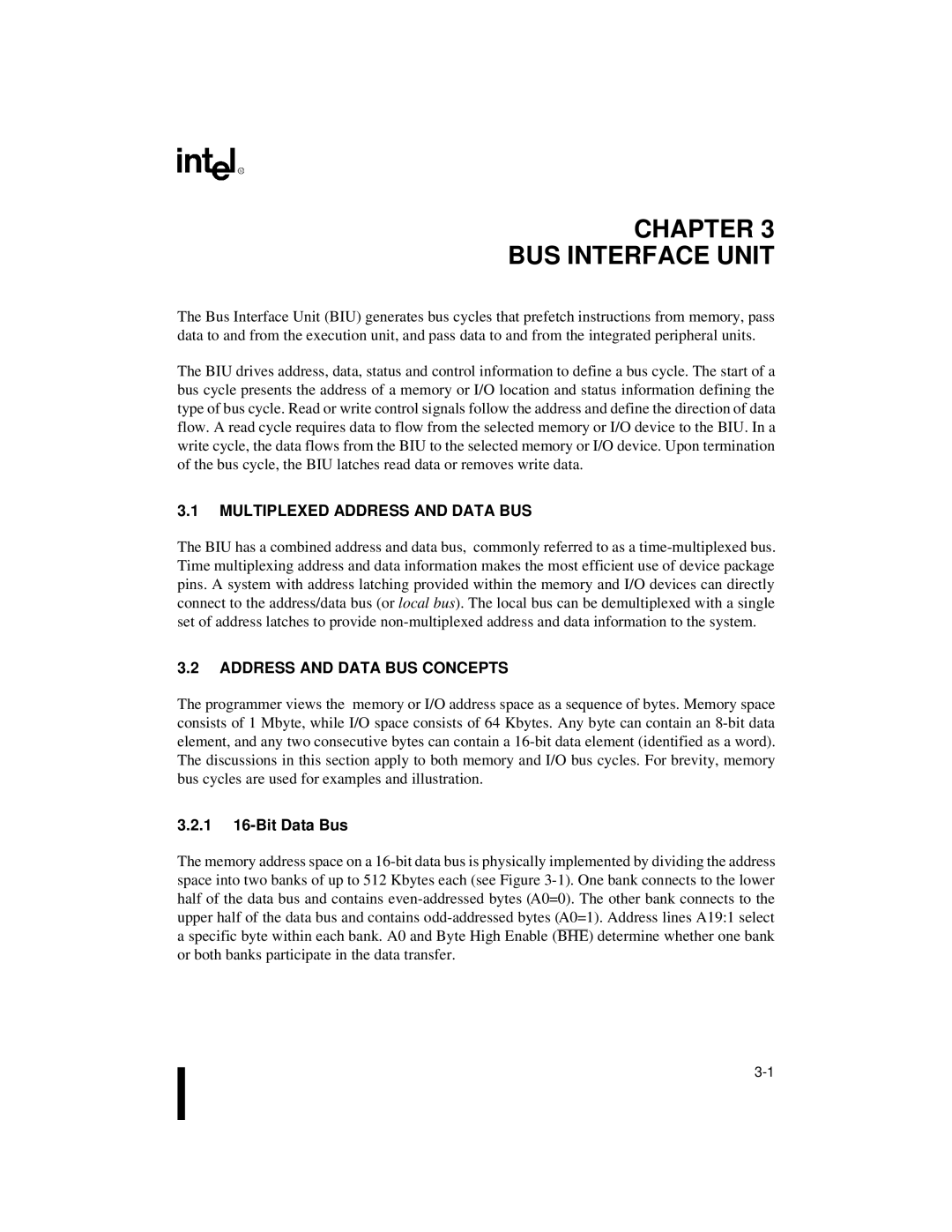 Intel 80C188XL, 80C186XL user manual Multiplexed Address and Data BUS, Address and Data BUS Concepts, 1 16-Bit Data Bus 