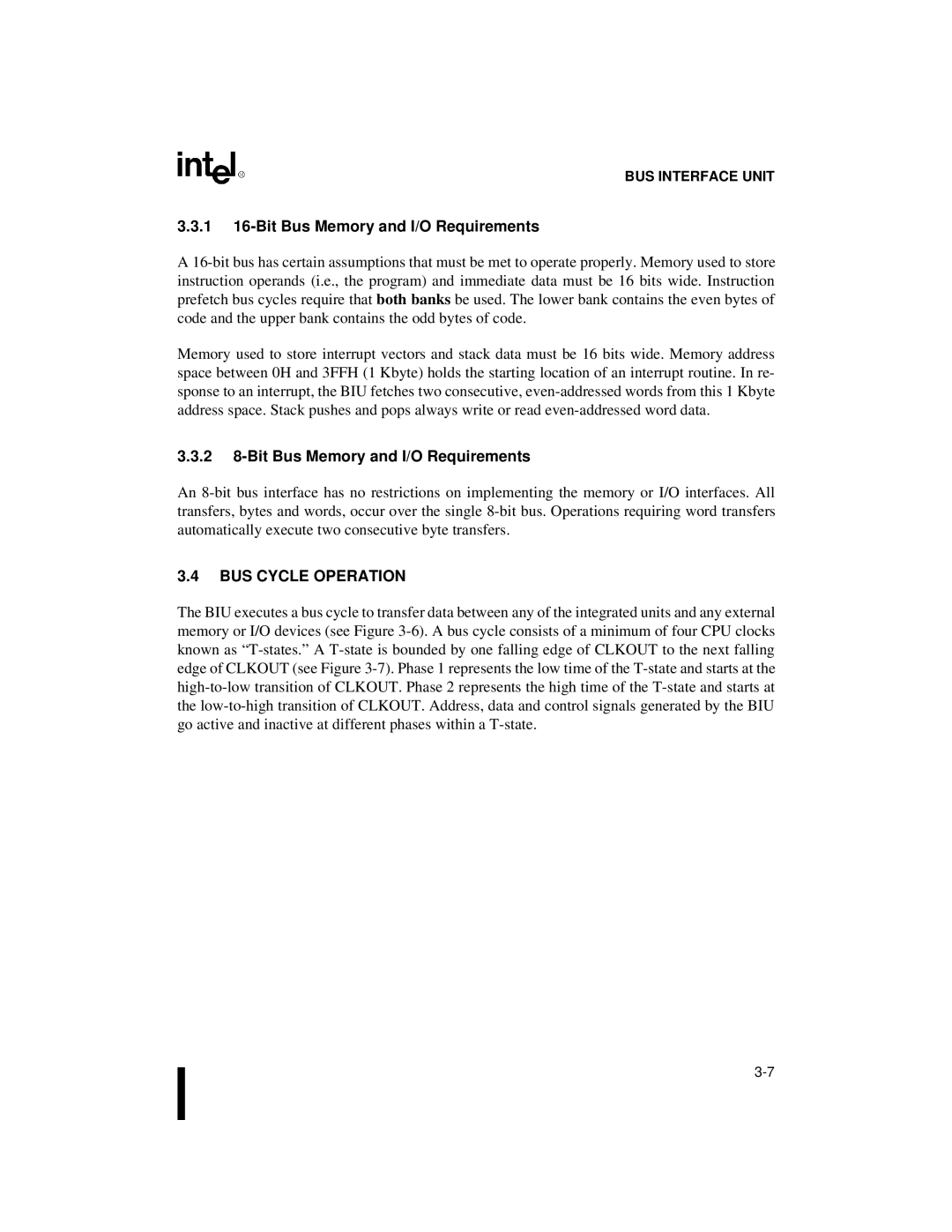 Intel 80C188XL 1 16-Bit Bus Memory and I/O Requirements, 2 8-Bit Bus Memory and I/O Requirements, BUS Cycle Operation 